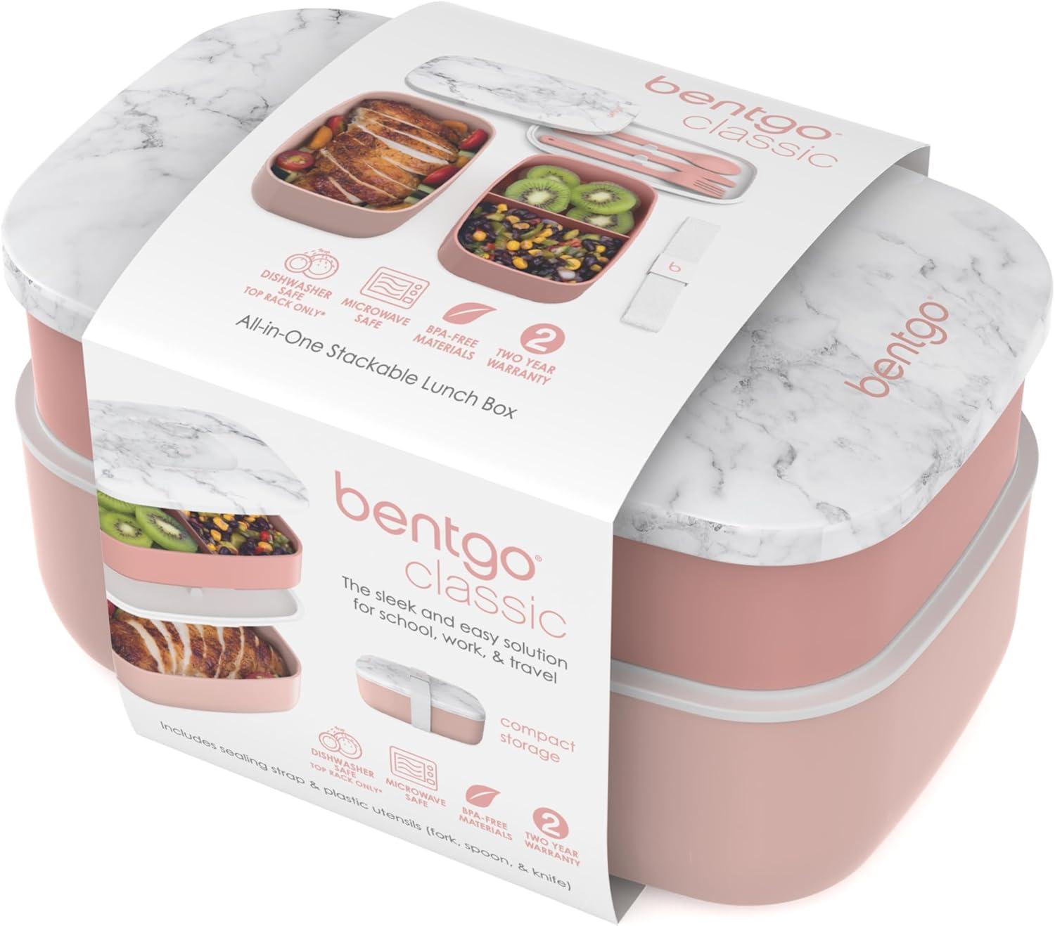 imageBentgo Classic  Adult Bento Box Stackable 3Compartment Lunch Box with Removable Utensil Set and Sealing Strap BPAFree Food Container Ideal for Meal Prep Work and On the Go BlueBlush Marble
