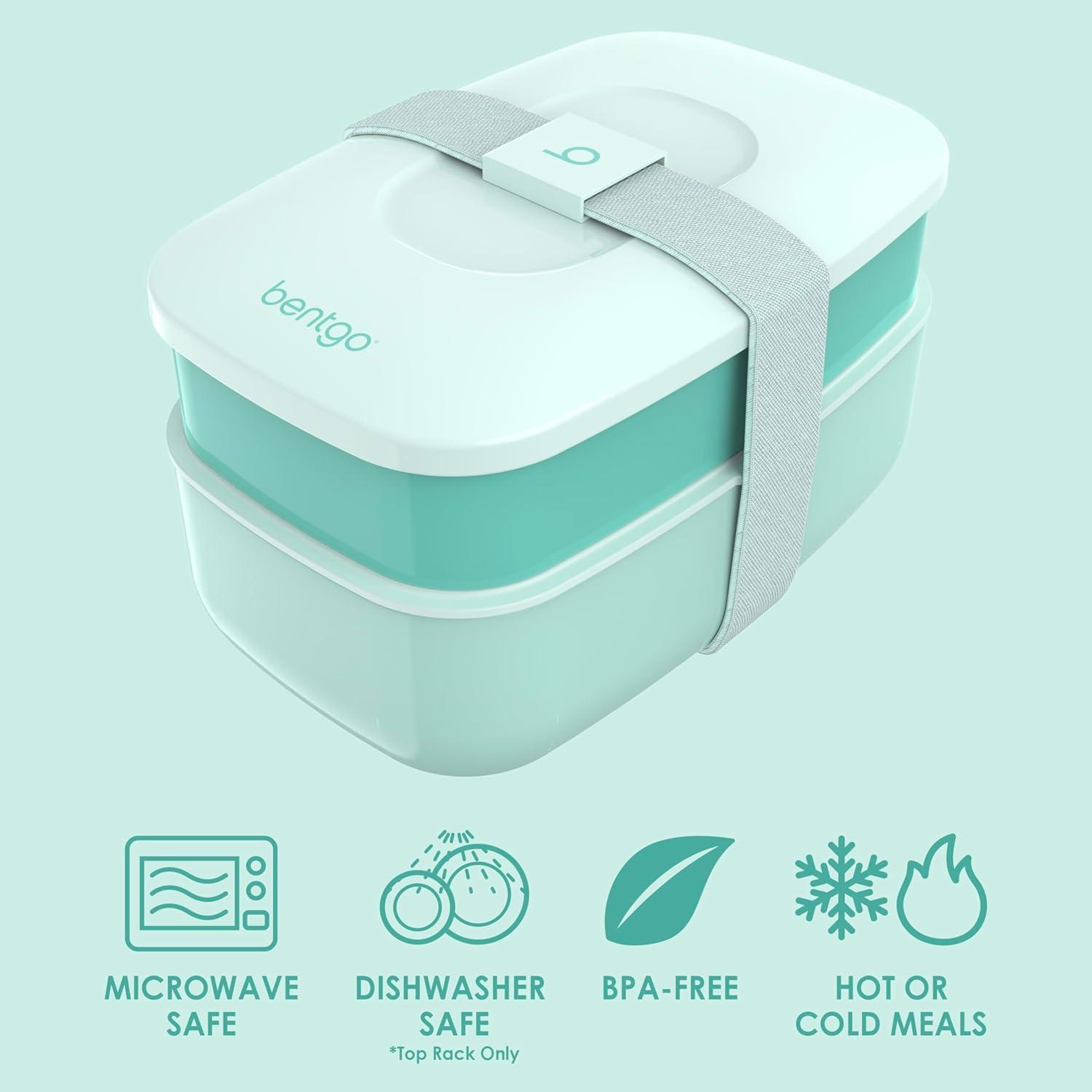 imageBentgo Classic  Adult Bento Box Stackable 3Compartment Lunch Box with Removable Utensil Set and Sealing Strap BPAFree Food Container Ideal for Meal Prep Work and On the Go BlueCoastal Aqua