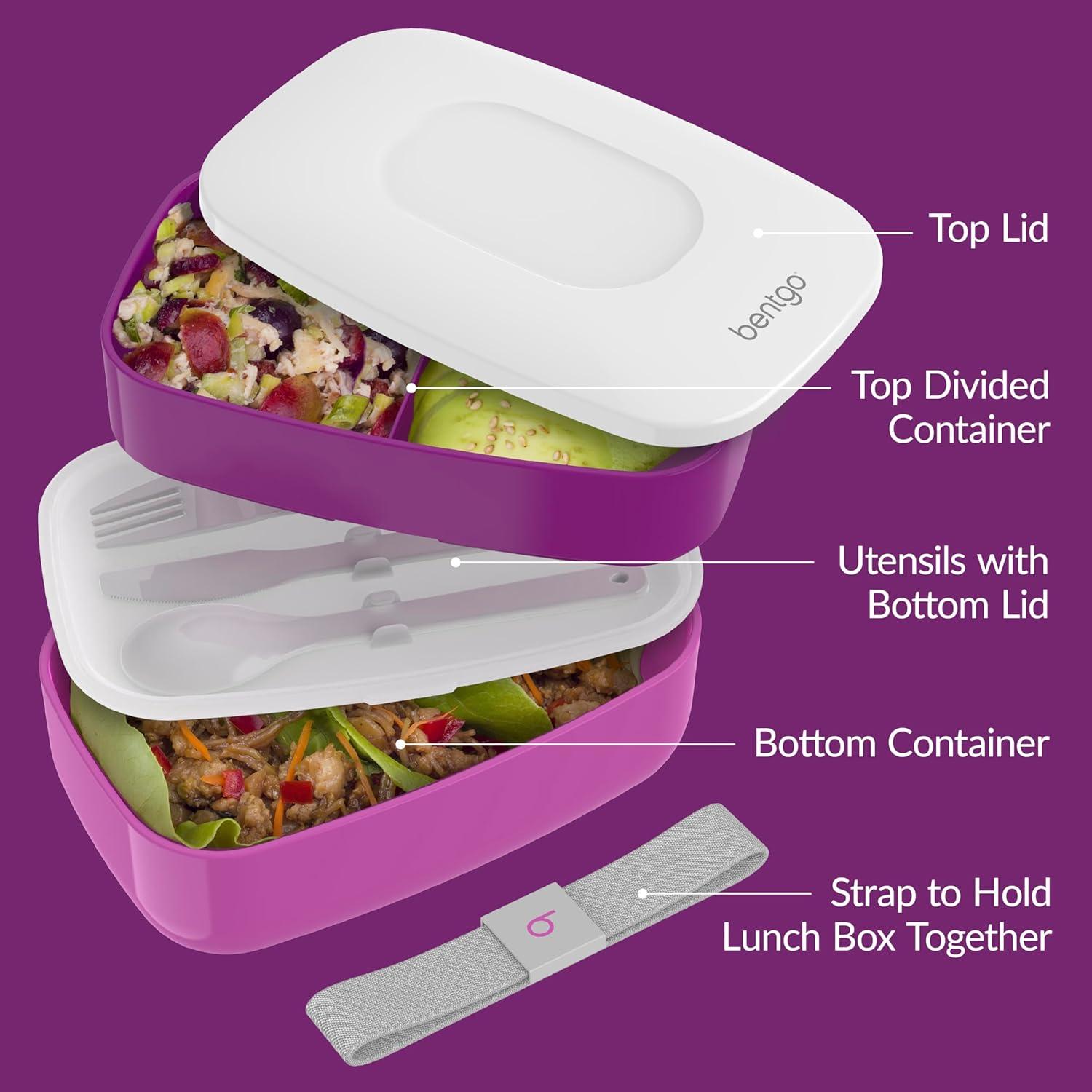imageBentgo Classic  Adult Bento Box Stackable 3Compartment Lunch Box with Removable Utensil Set and Sealing Strap BPAFree Food Container Ideal for Meal Prep Work and On the Go BluePurple