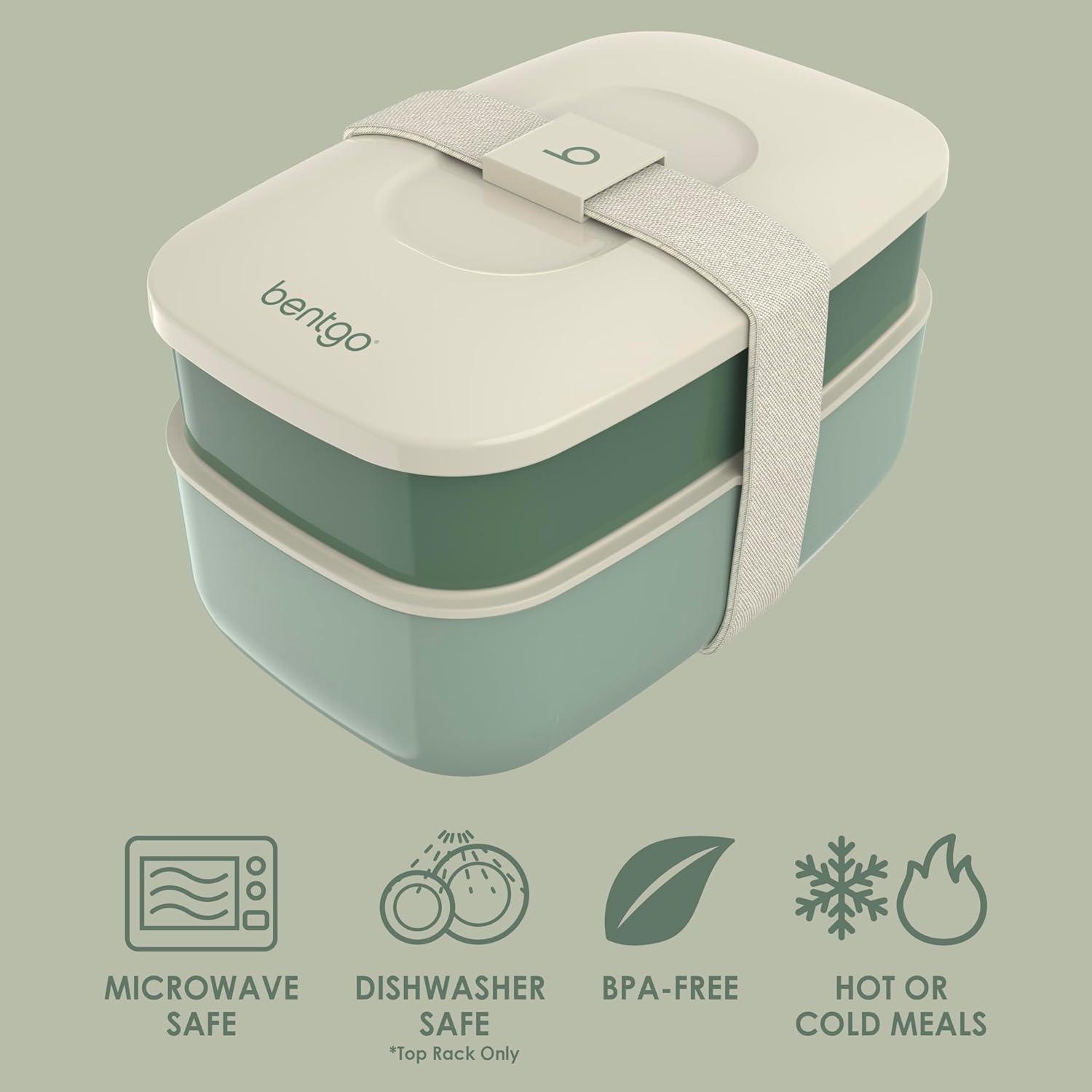 imageBentgo Classic  Adult Bento Box Stackable 3Compartment Lunch Box with Removable Utensil Set and Sealing Strap BPAFree Food Container Ideal for Meal Prep Work and On the Go BlueKhaki Green
