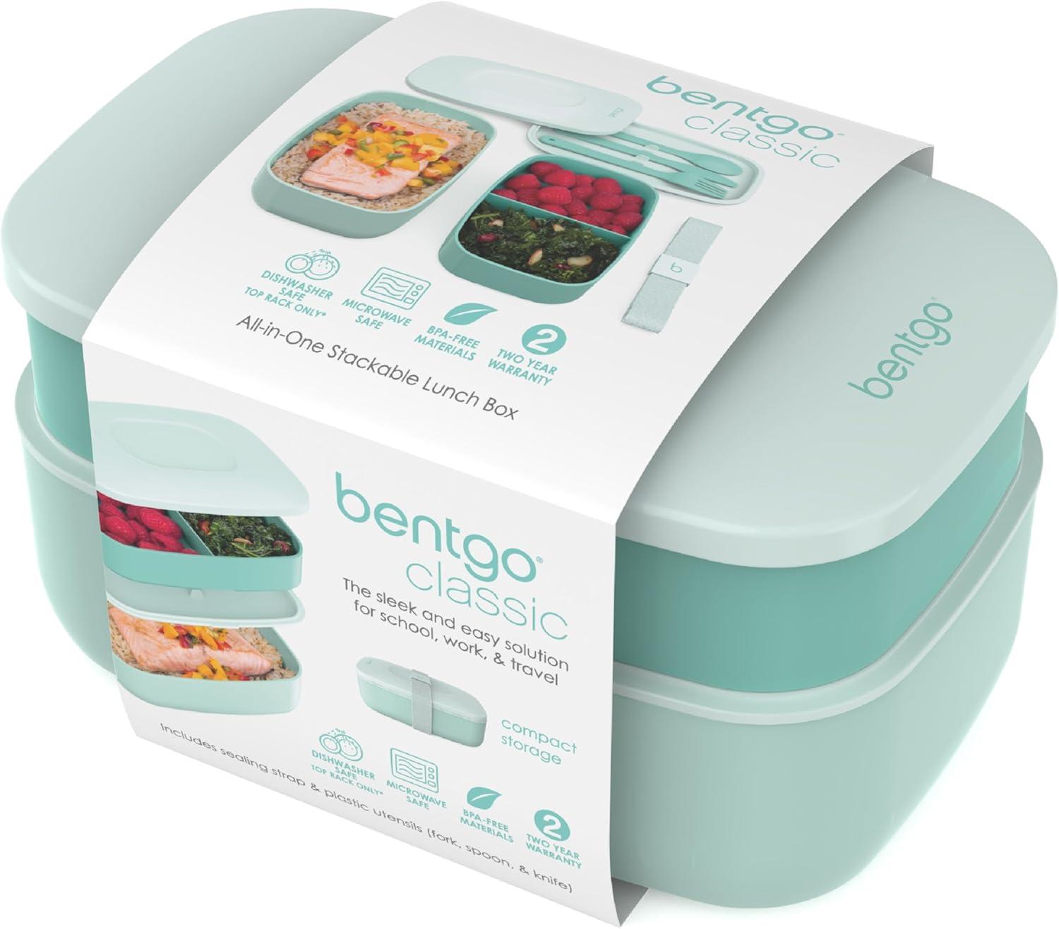 imageBentgo Classic  Adult Bento Box Stackable 3Compartment Lunch Box with Removable Utensil Set and Sealing Strap BPAFree Food Container Ideal for Meal Prep Work and On the Go BlueCoastal Aqua