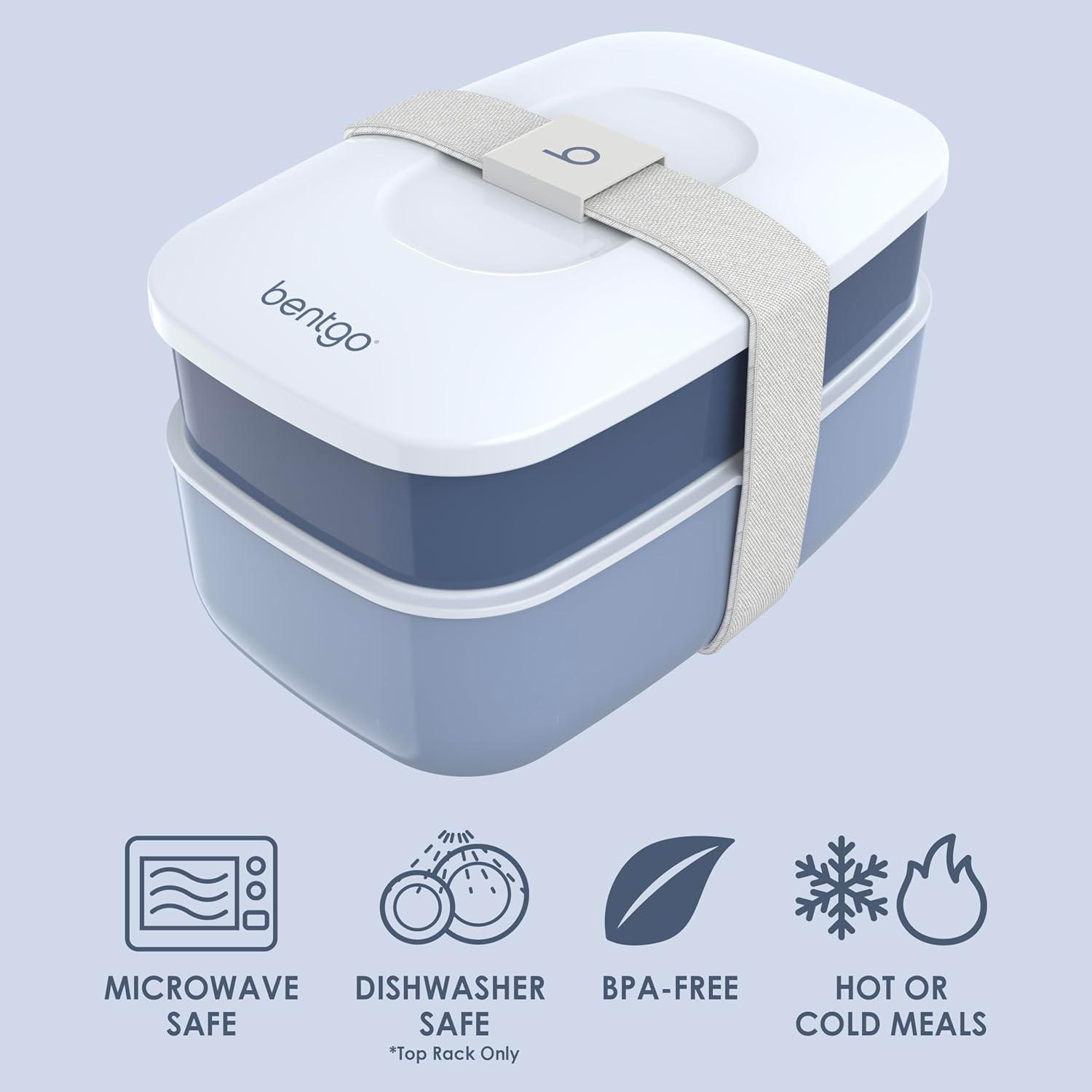 imageBentgo Classic  Adult Bento Box Stackable 3Compartment Lunch Box with Removable Utensil Set and Sealing Strap BPAFree Food Container Ideal for Meal Prep Work and On the Go BlueSlate