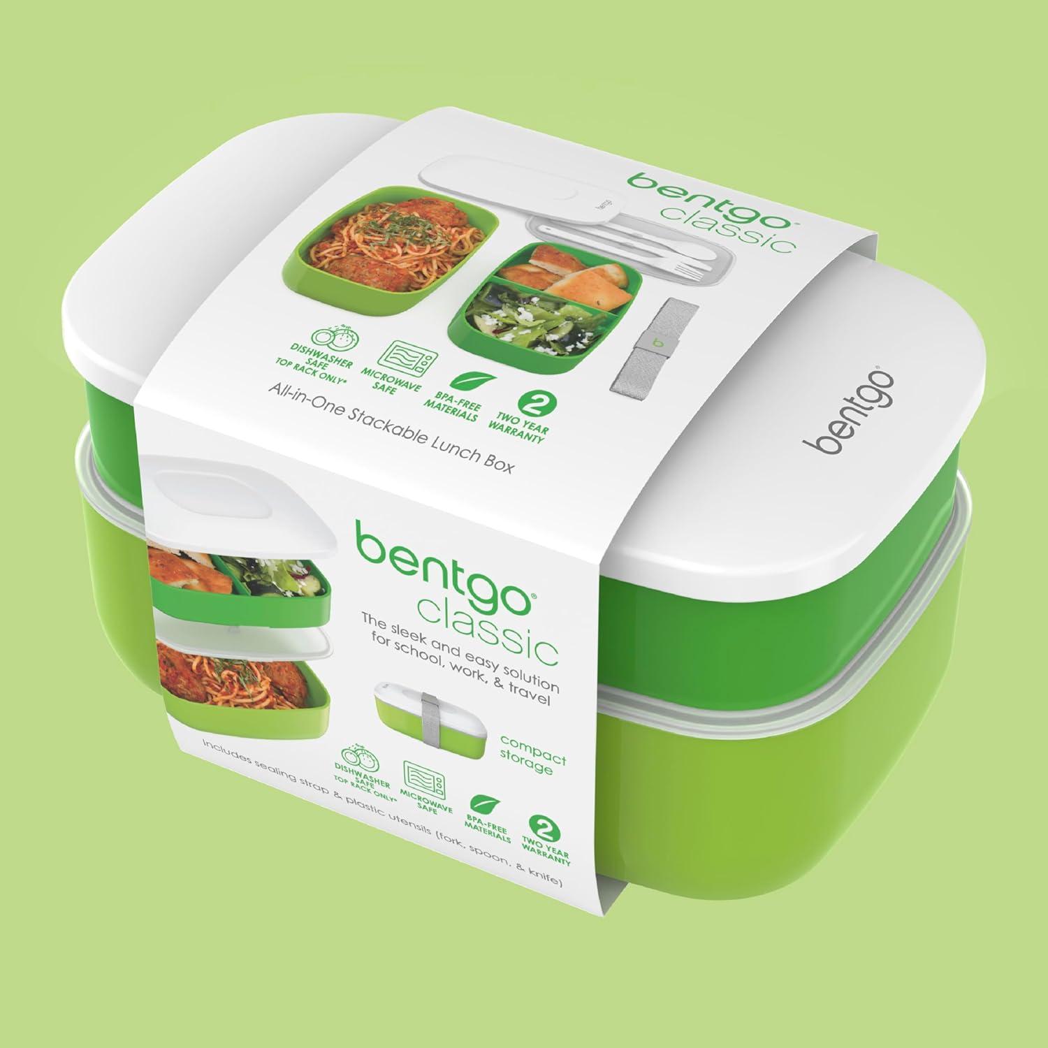 imageBentgo Classic  Adult Bento Box Stackable 3Compartment Lunch Box with Removable Utensil Set and Sealing Strap BPAFree Food Container Ideal for Meal Prep Work and On the Go BlueGreen