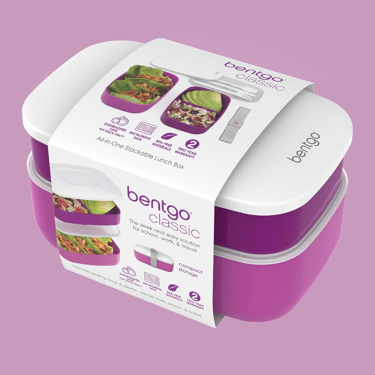 imageBentgo Classic  Adult Bento Box Stackable 3Compartment Lunch Box with Removable Utensil Set and Sealing Strap BPAFree Food Container Ideal for Meal Prep Work and On the Go BluePurple