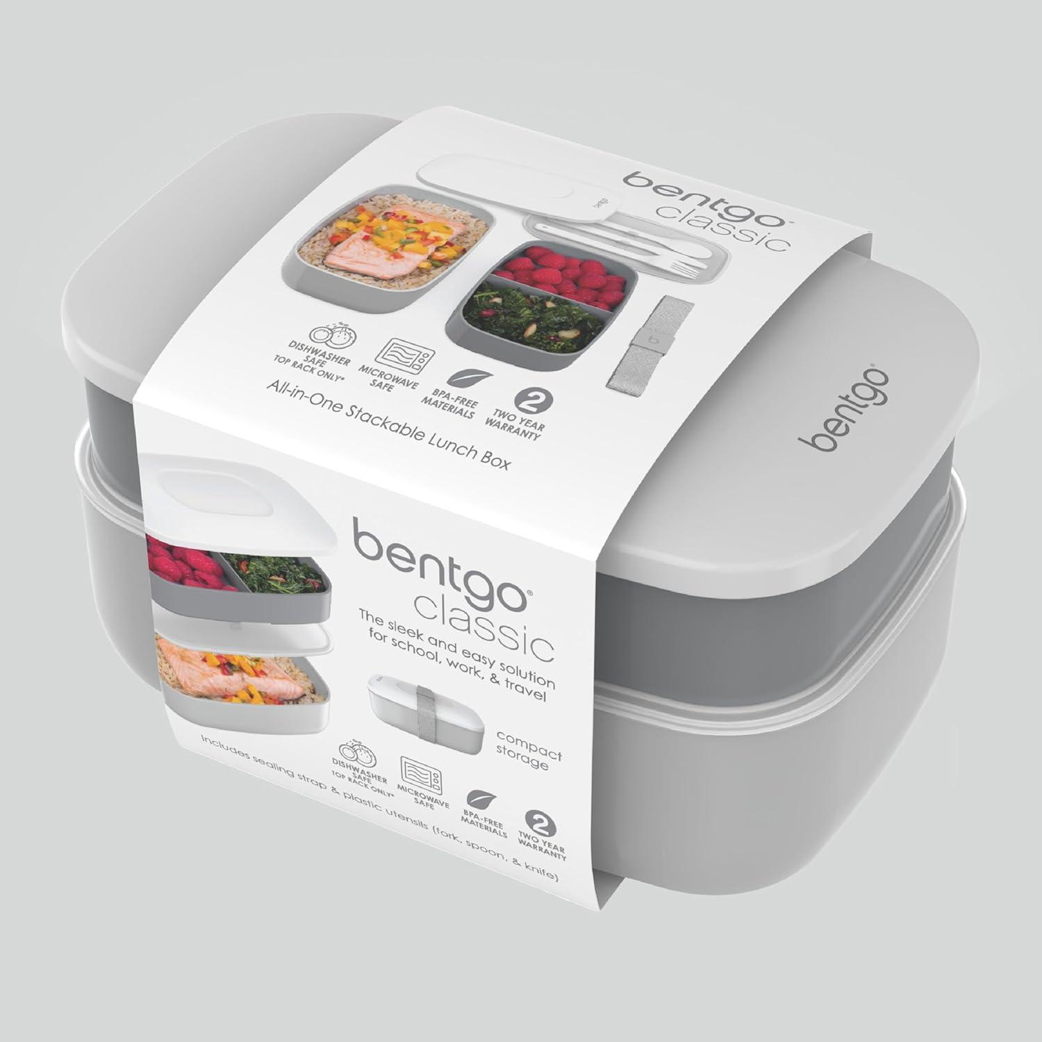 imageBentgo Classic  Adult Bento Box Stackable 3Compartment Lunch Box with Removable Utensil Set and Sealing Strap BPAFree Food Container Ideal for Meal Prep Work and On the Go BlueGray