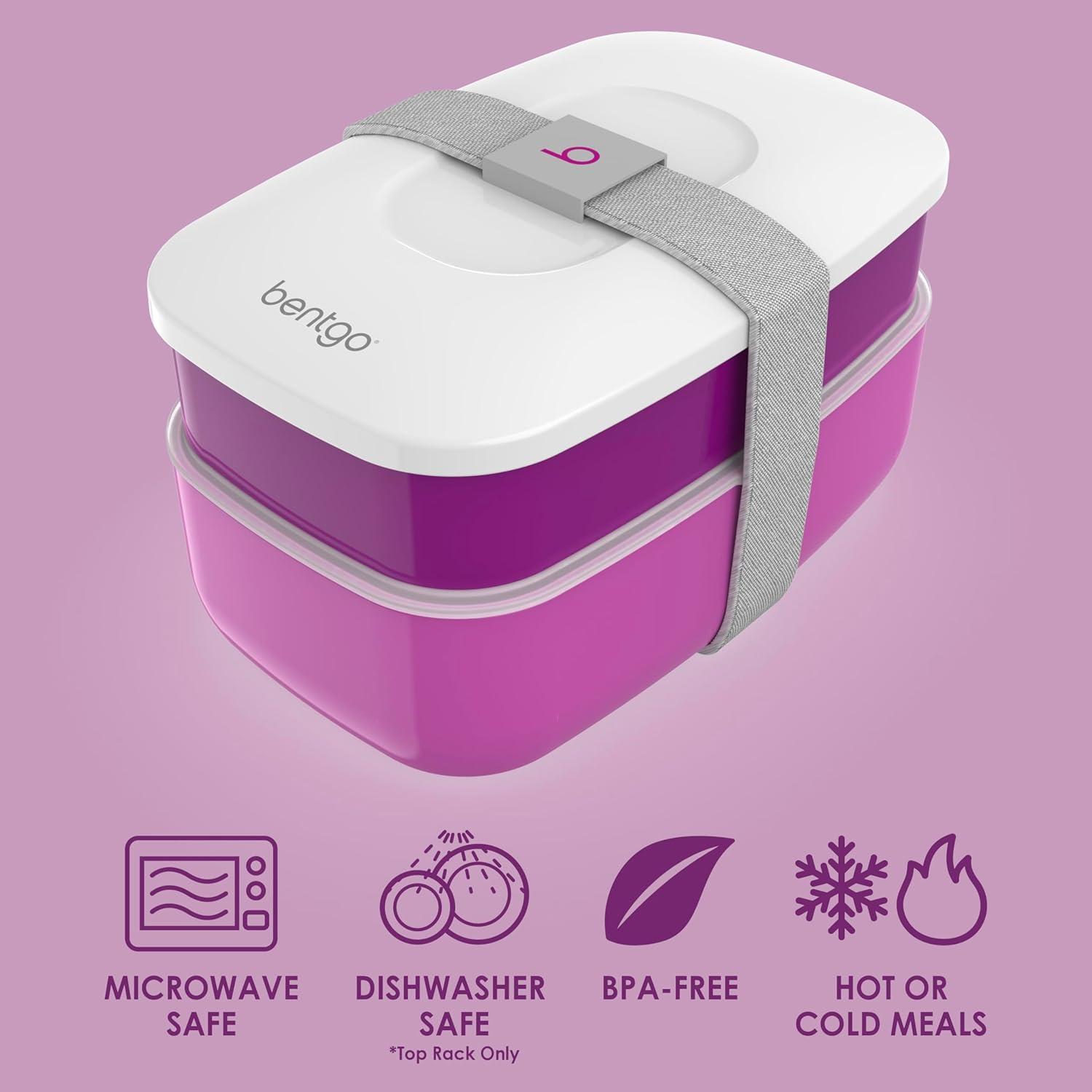 imageBentgo Classic  Adult Bento Box Stackable 3Compartment Lunch Box with Removable Utensil Set and Sealing Strap BPAFree Food Container Ideal for Meal Prep Work and On the Go BluePurple
