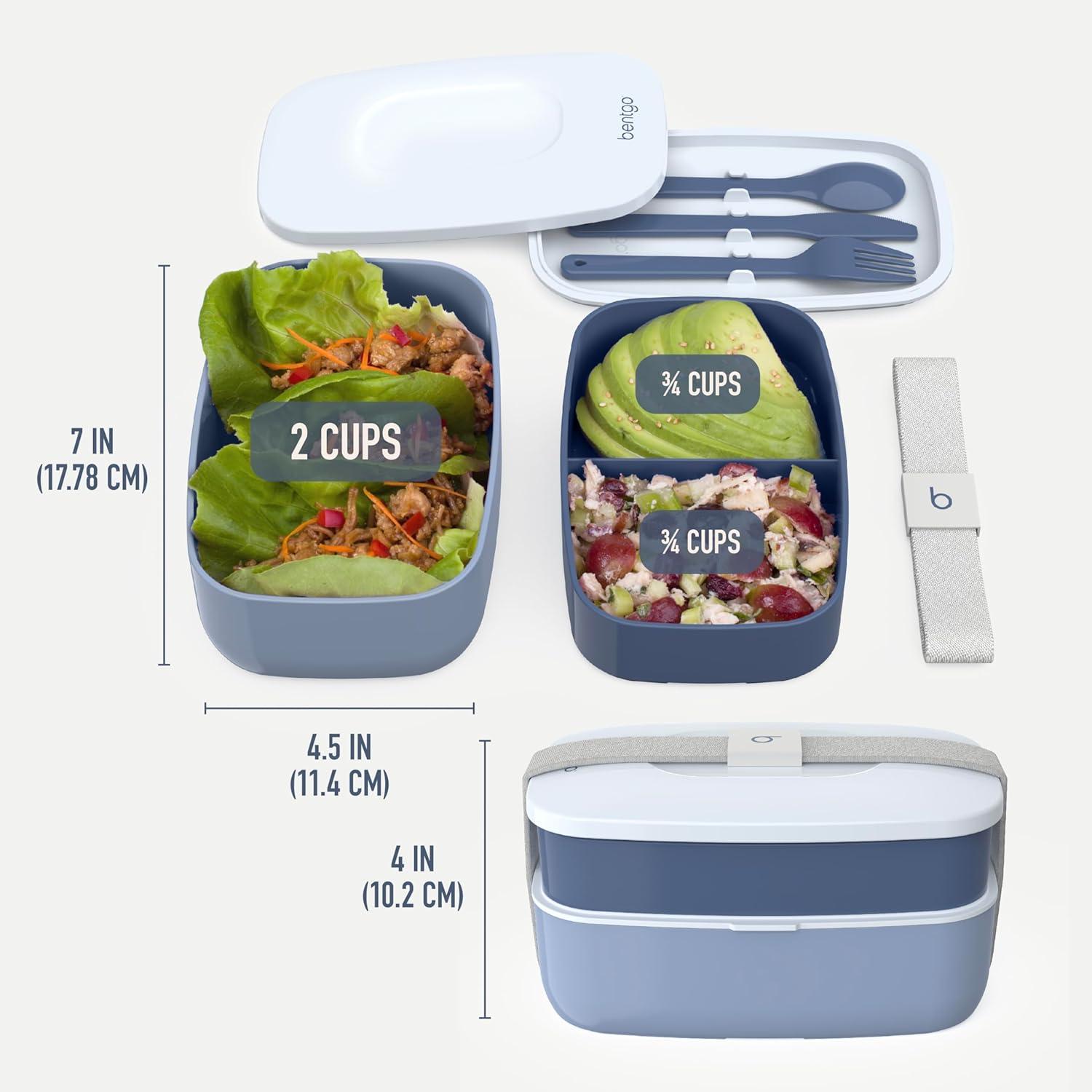 imageBentgo Classic  Adult Bento Box Stackable 3Compartment Lunch Box with Removable Utensil Set and Sealing Strap BPAFree Food Container Ideal for Meal Prep Work and On the Go BlueSlate