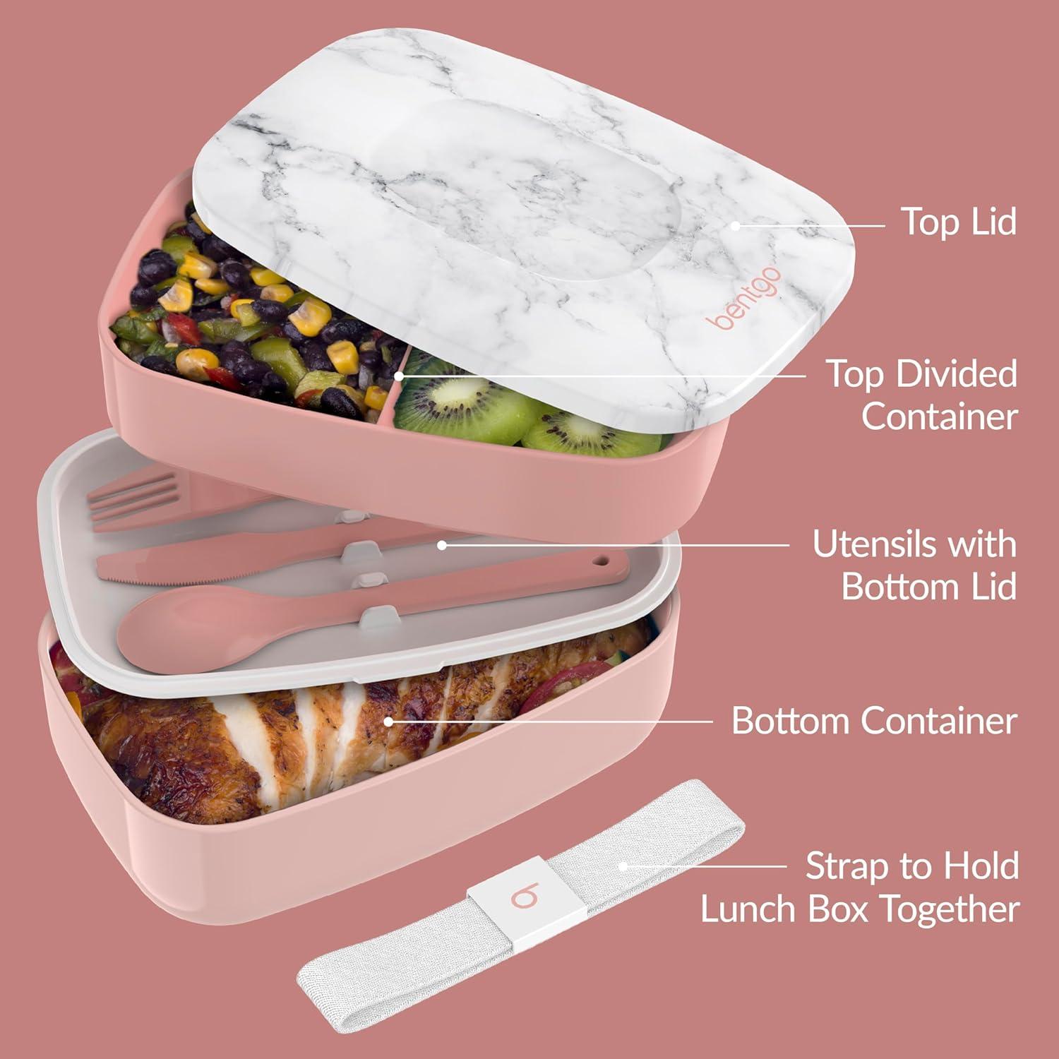 imageBentgo Classic  Adult Bento Box Stackable 3Compartment Lunch Box with Removable Utensil Set and Sealing Strap BPAFree Food Container Ideal for Meal Prep Work and On the Go BlueBlush Marble