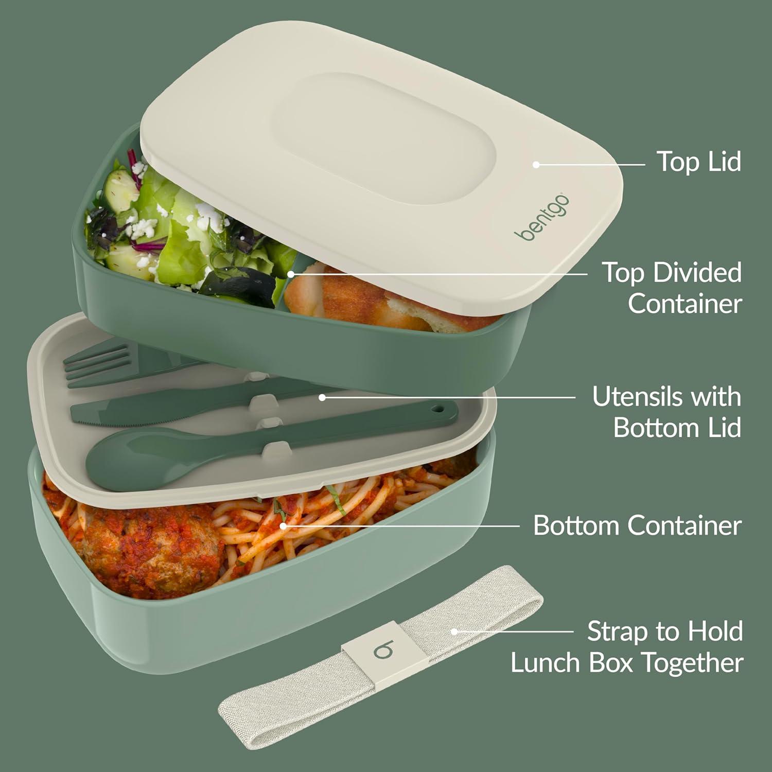 imageBentgo Classic  Adult Bento Box Stackable 3Compartment Lunch Box with Removable Utensil Set and Sealing Strap BPAFree Food Container Ideal for Meal Prep Work and On the Go BlueKhaki Green