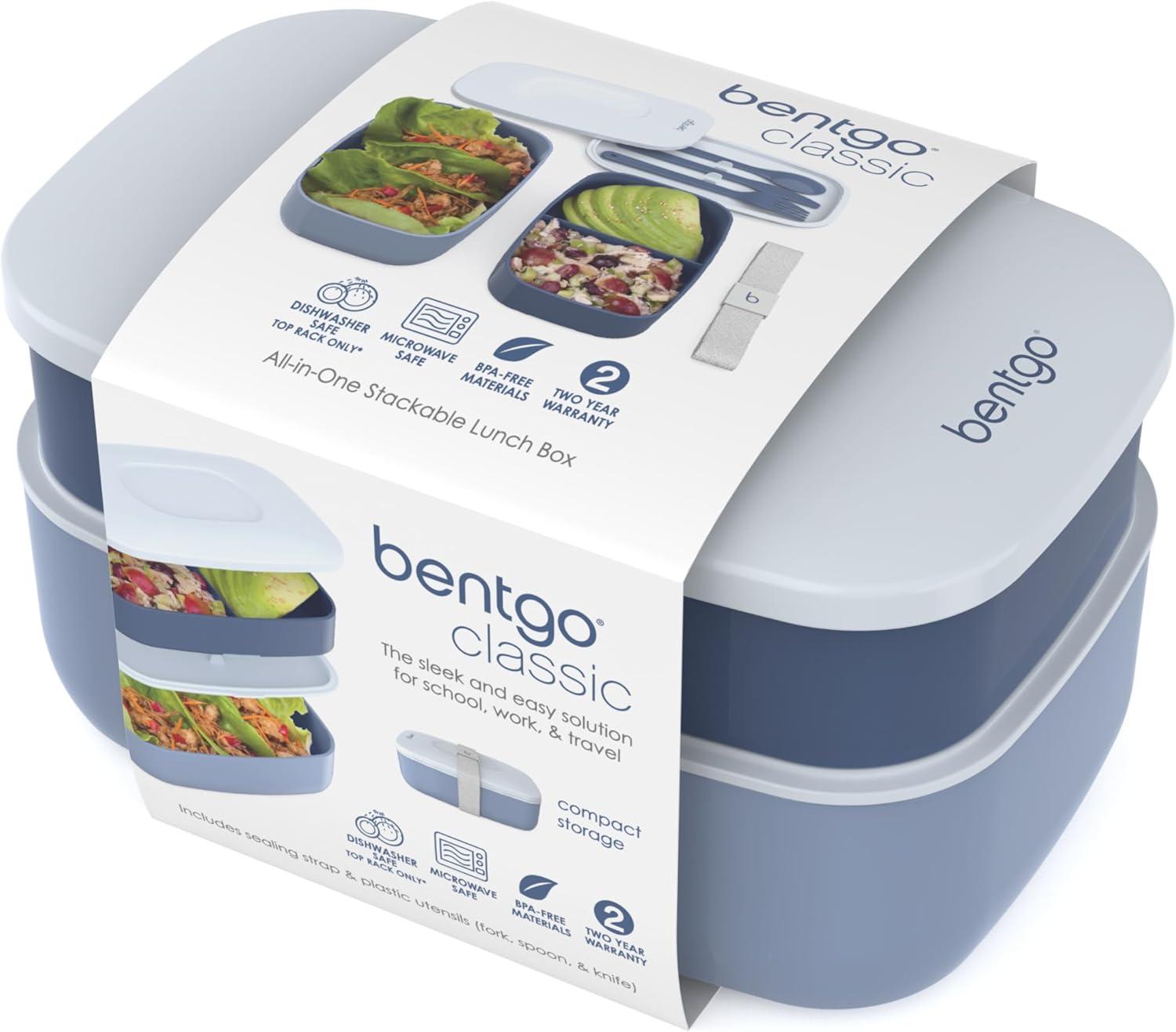 imageBentgo Classic  Adult Bento Box Stackable 3Compartment Lunch Box with Removable Utensil Set and Sealing Strap BPAFree Food Container Ideal for Meal Prep Work and On the Go BlueSlate