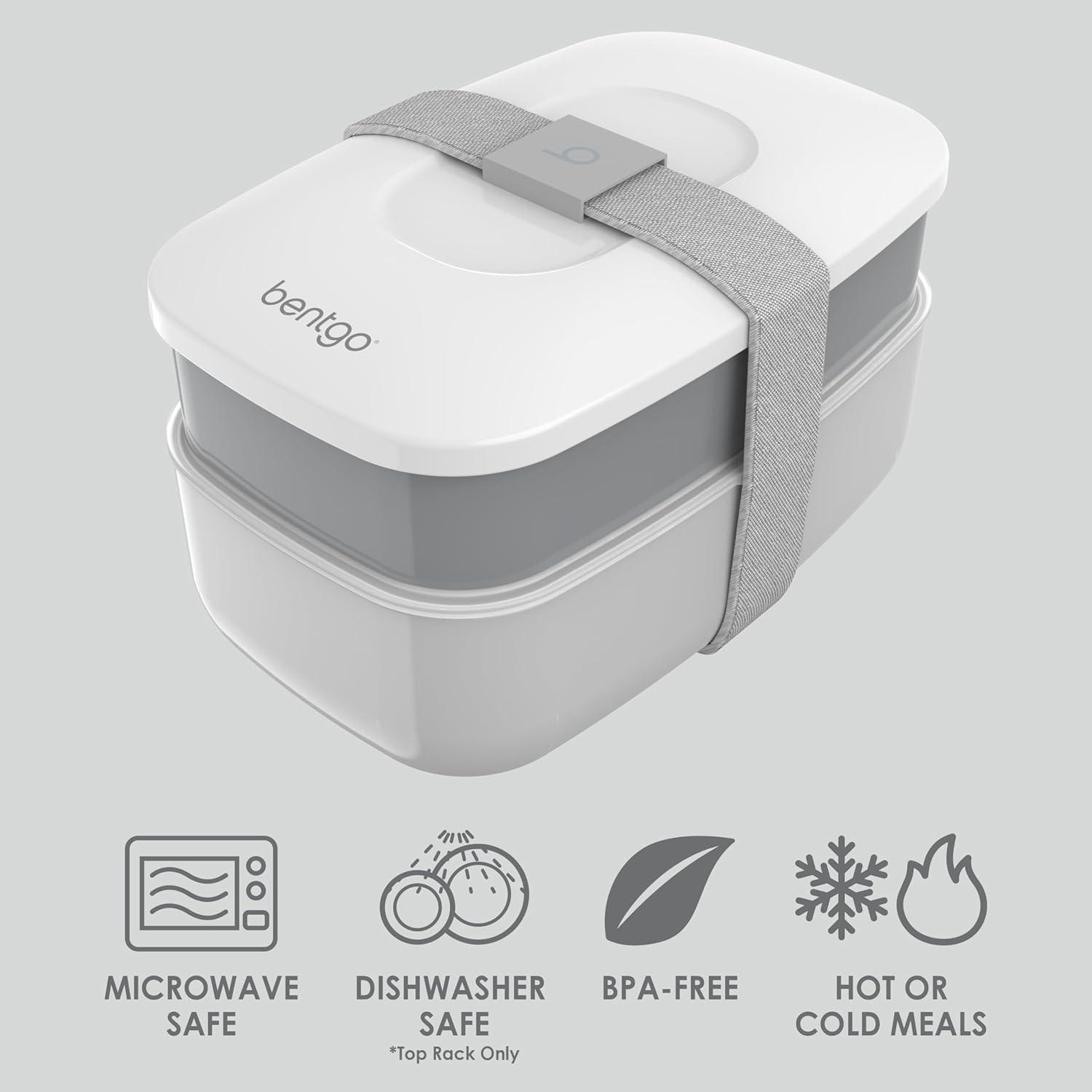 imageBentgo Classic  Adult Bento Box Stackable 3Compartment Lunch Box with Removable Utensil Set and Sealing Strap BPAFree Food Container Ideal for Meal Prep Work and On the Go BlueGray