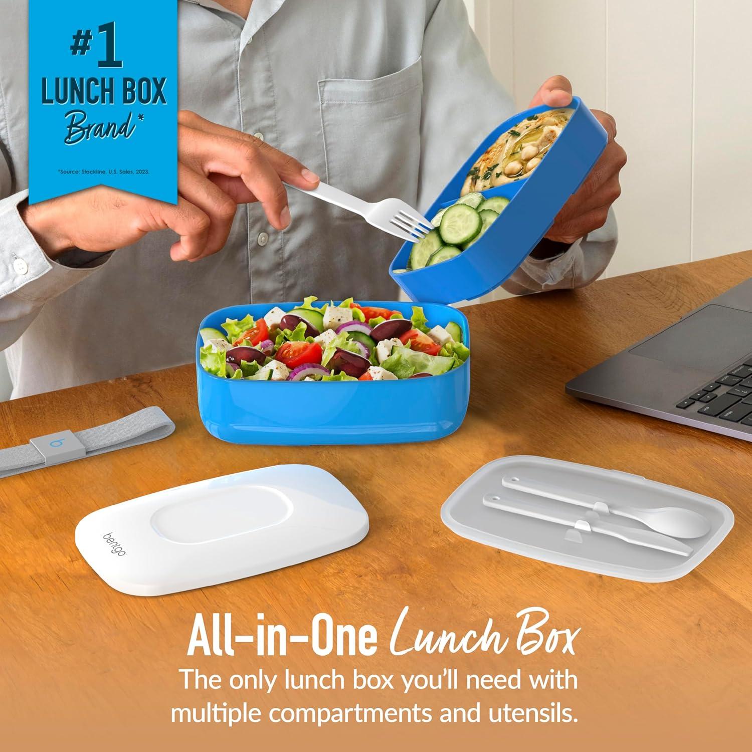 imageBentgo Classic  Adult Bento Box Stackable 3Compartment Lunch Box with Removable Utensil Set and Sealing Strap BPAFree Food Container Ideal for Meal Prep Work and On the Go BlueBlue