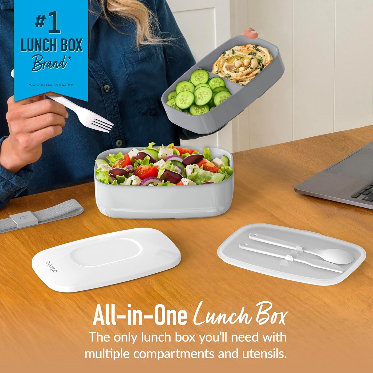 imageBentgo Classic  Adult Bento Box Stackable 3Compartment Lunch Box with Removable Utensil Set and Sealing Strap BPAFree Food Container Ideal for Meal Prep Work and On the Go BlueGray