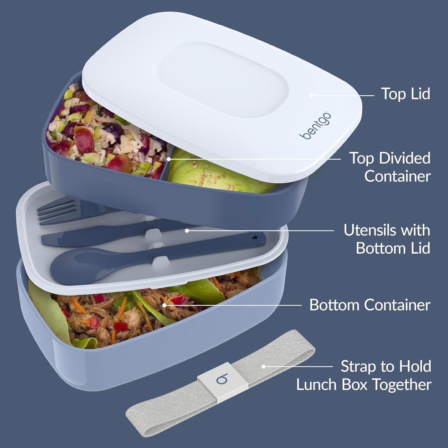 imageBentgo Classic  Adult Bento Box Stackable 3Compartment Lunch Box with Removable Utensil Set and Sealing Strap BPAFree Food Container Ideal for Meal Prep Work and On the Go BlueSlate