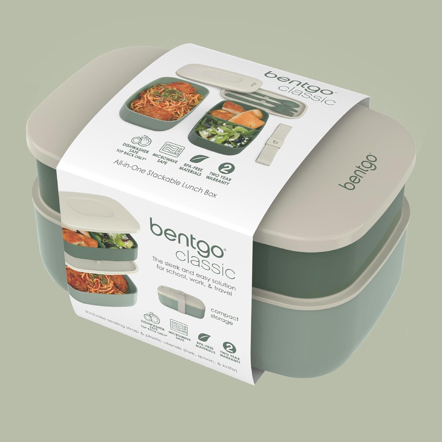 imageBentgo Classic  Adult Bento Box Stackable 3Compartment Lunch Box with Removable Utensil Set and Sealing Strap BPAFree Food Container Ideal for Meal Prep Work and On the Go BlueKhaki Green