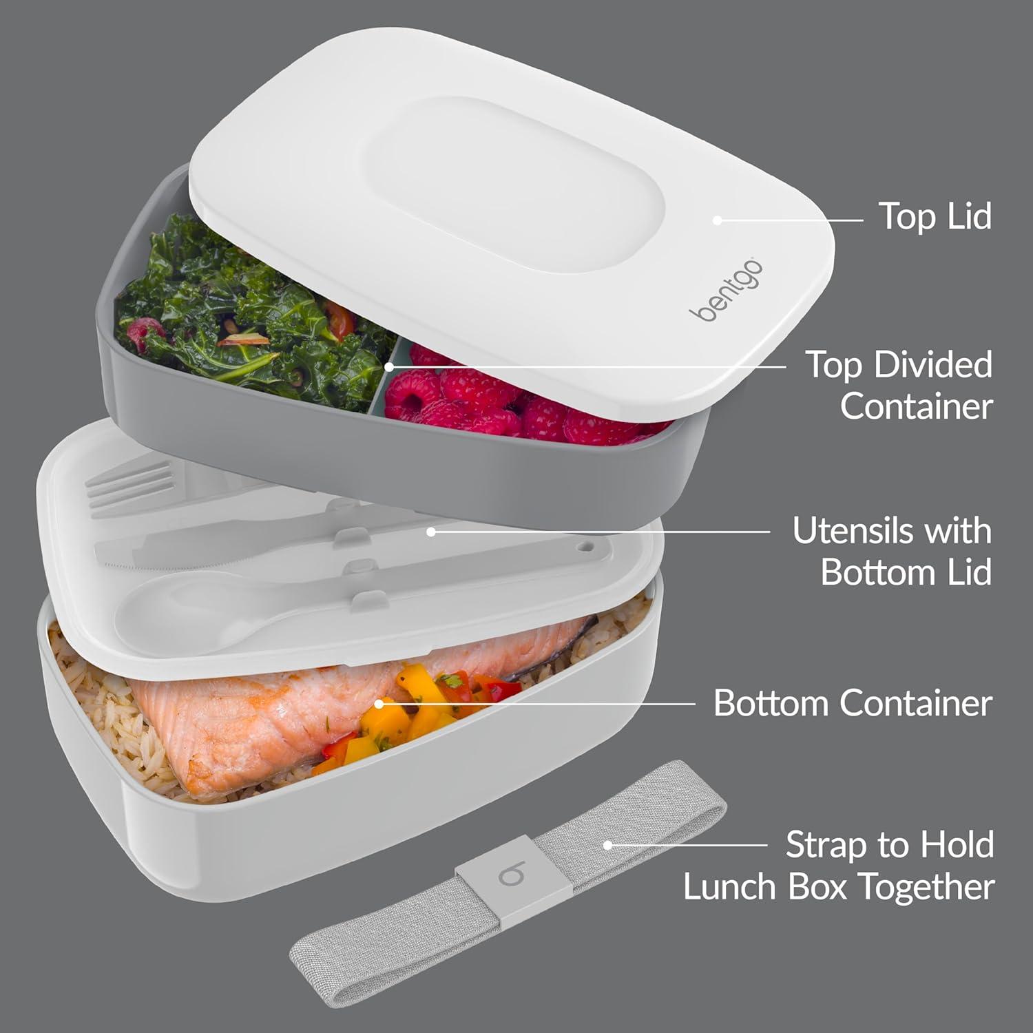 imageBentgo Classic  Adult Bento Box Stackable 3Compartment Lunch Box with Removable Utensil Set and Sealing Strap BPAFree Food Container Ideal for Meal Prep Work and On the Go BlueGray