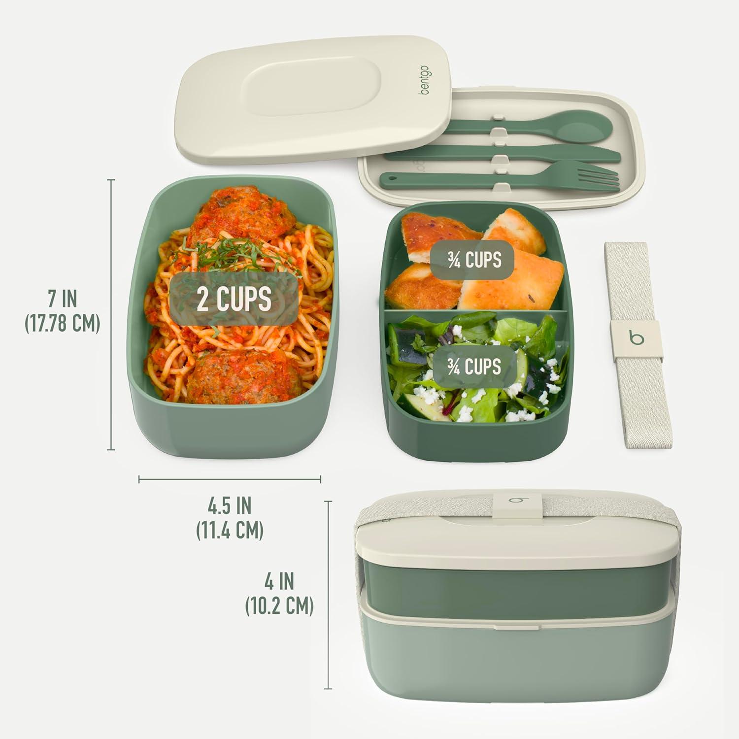 imageBentgo Classic  Adult Bento Box Stackable 3Compartment Lunch Box with Removable Utensil Set and Sealing Strap BPAFree Food Container Ideal for Meal Prep Work and On the Go BlueKhaki Green