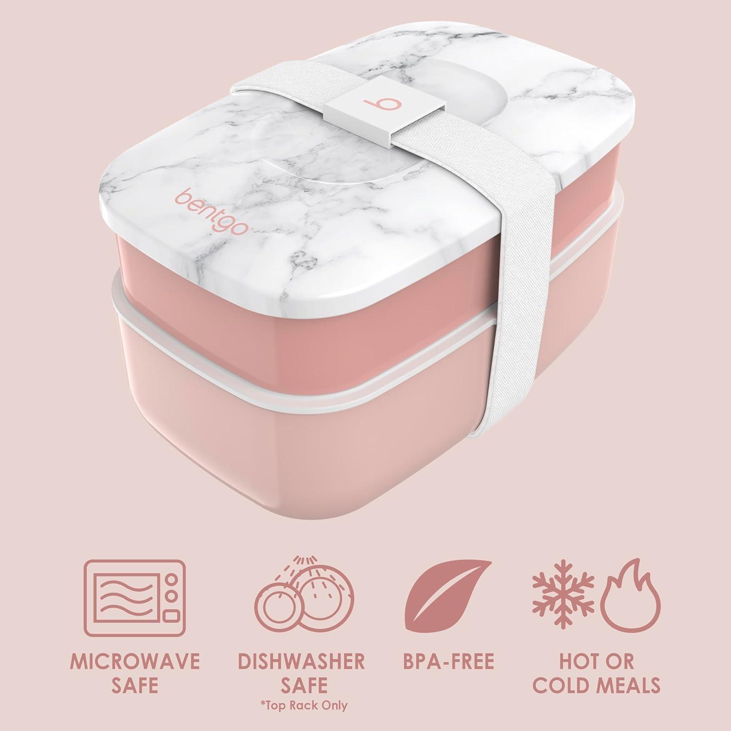 imageBentgo Classic  Adult Bento Box Stackable 3Compartment Lunch Box with Removable Utensil Set and Sealing Strap BPAFree Food Container Ideal for Meal Prep Work and On the Go BlueBlush Marble