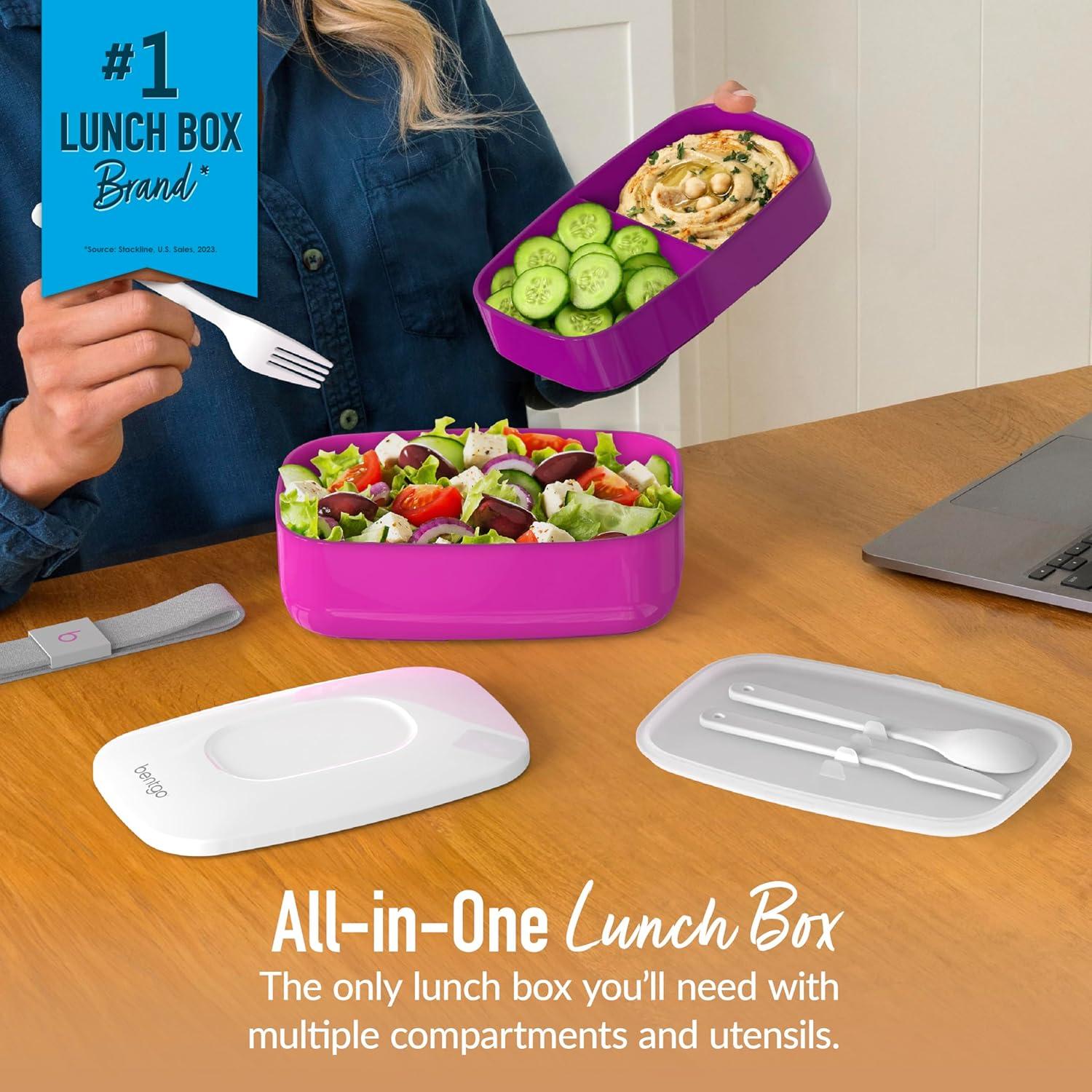 imageBentgo Classic  Adult Bento Box Stackable 3Compartment Lunch Box with Removable Utensil Set and Sealing Strap BPAFree Food Container Ideal for Meal Prep Work and On the Go BluePurple