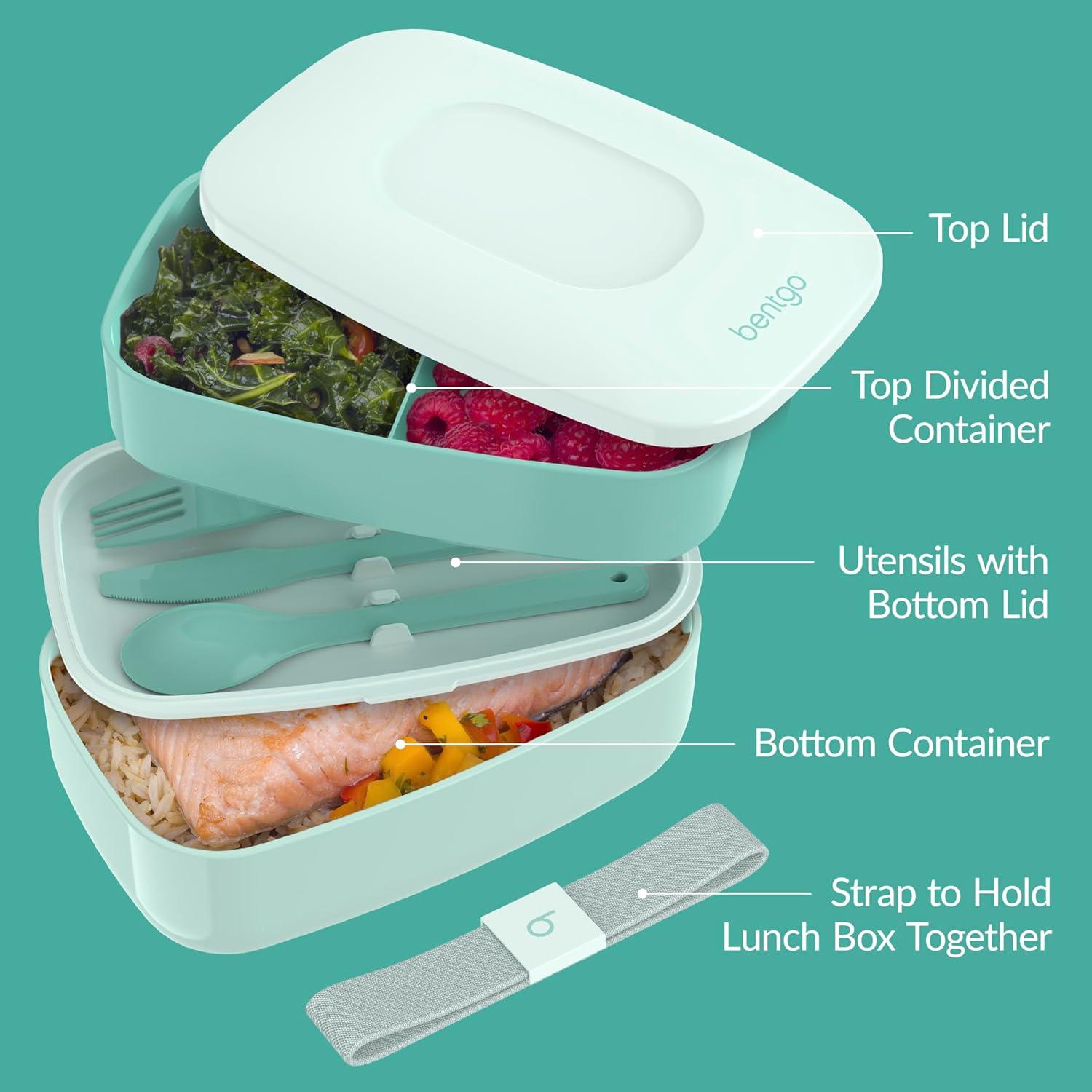 imageBentgo Classic  Adult Bento Box Stackable 3Compartment Lunch Box with Removable Utensil Set and Sealing Strap BPAFree Food Container Ideal for Meal Prep Work and On the Go BlueCoastal Aqua