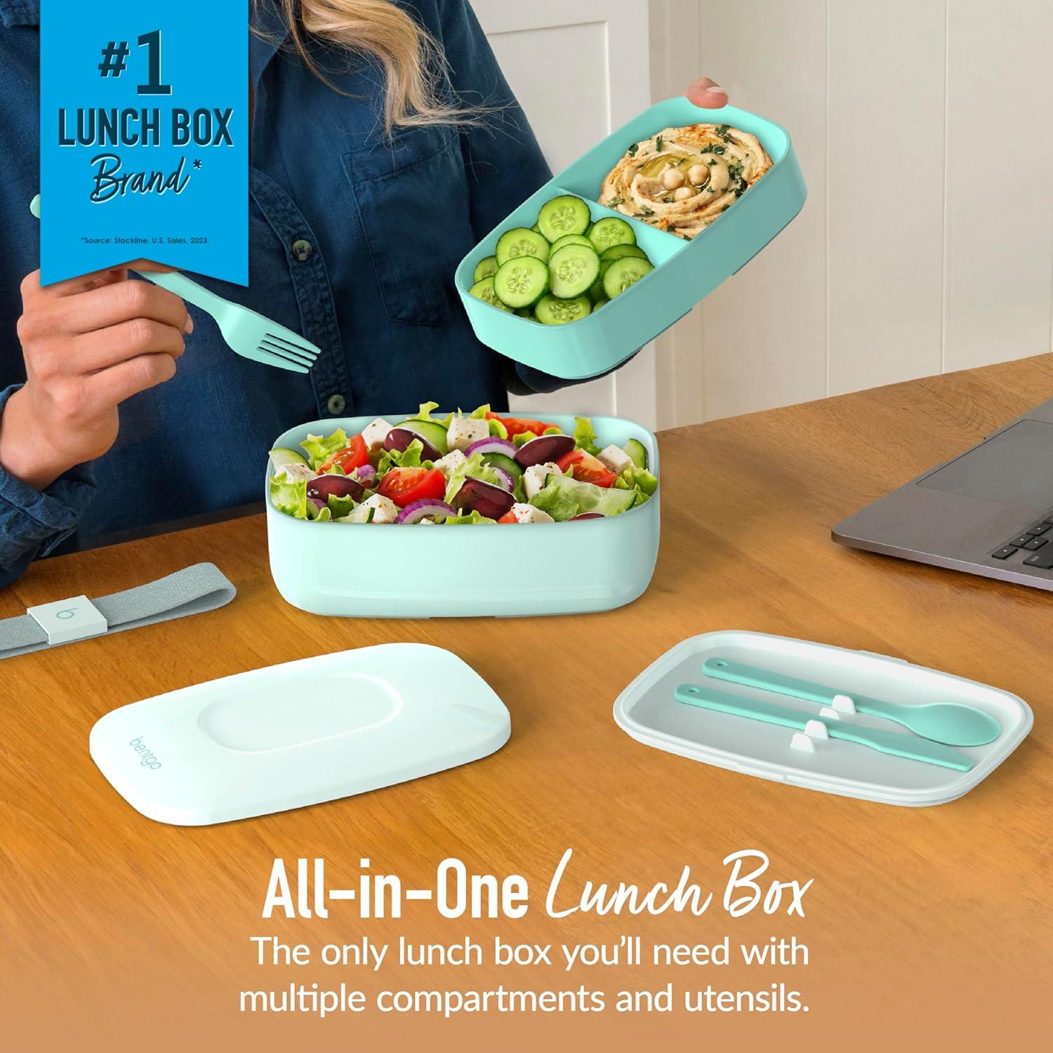 imageBentgo Classic  Adult Bento Box Stackable 3Compartment Lunch Box with Removable Utensil Set and Sealing Strap BPAFree Food Container Ideal for Meal Prep Work and On the Go BlueCoastal Aqua
