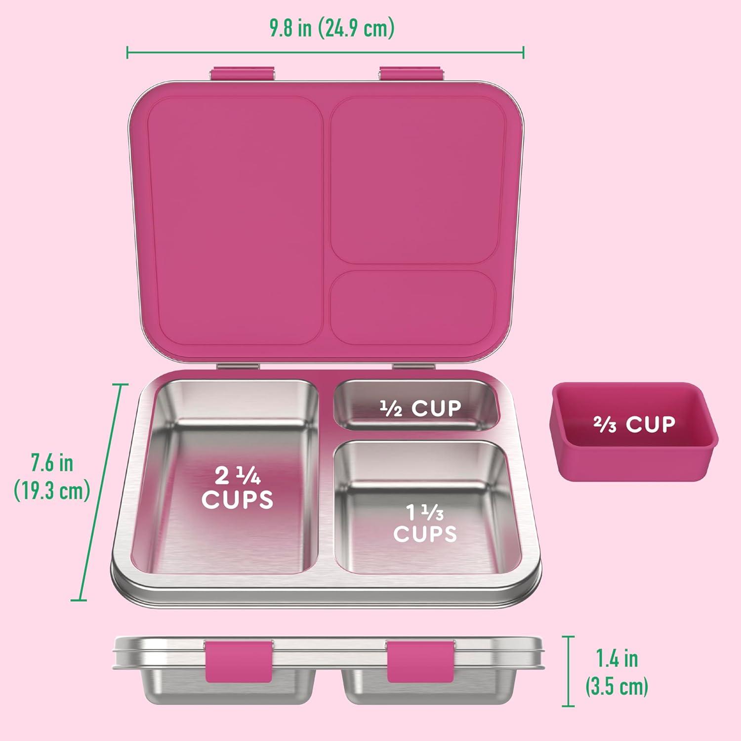 imageBentgo Kids Stainless Steel LeakResistant Lunch Box  3Compartments with Bonus Silicone Container Durable EcoFriendly Dishwasher Safe BPAFree Ideal for School Ages 3 FuchsiaFuchsia