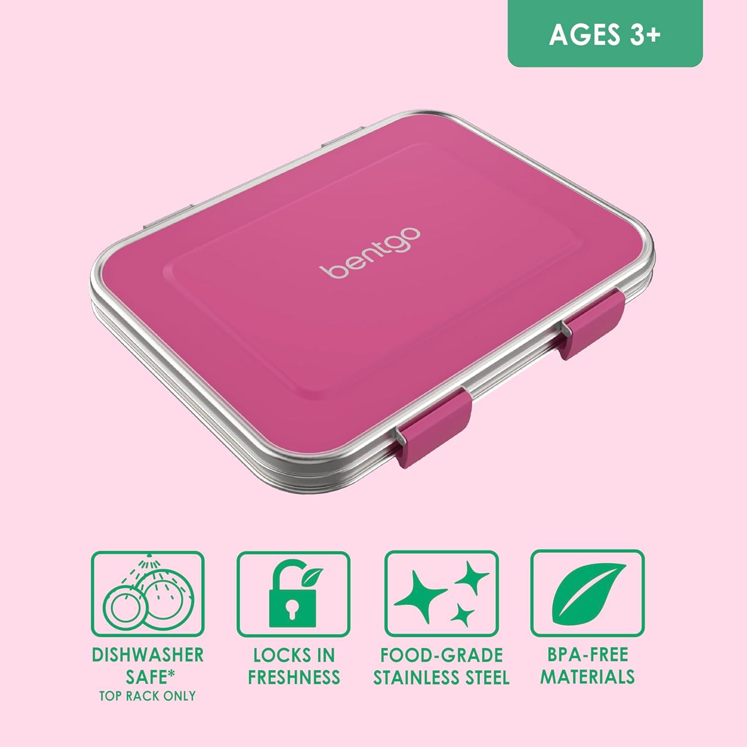 imageBentgo Kids Stainless Steel LeakResistant Lunch Box  3Compartments with Bonus Silicone Container Durable EcoFriendly Dishwasher Safe BPAFree Ideal for School Ages 3 FuchsiaFuchsia