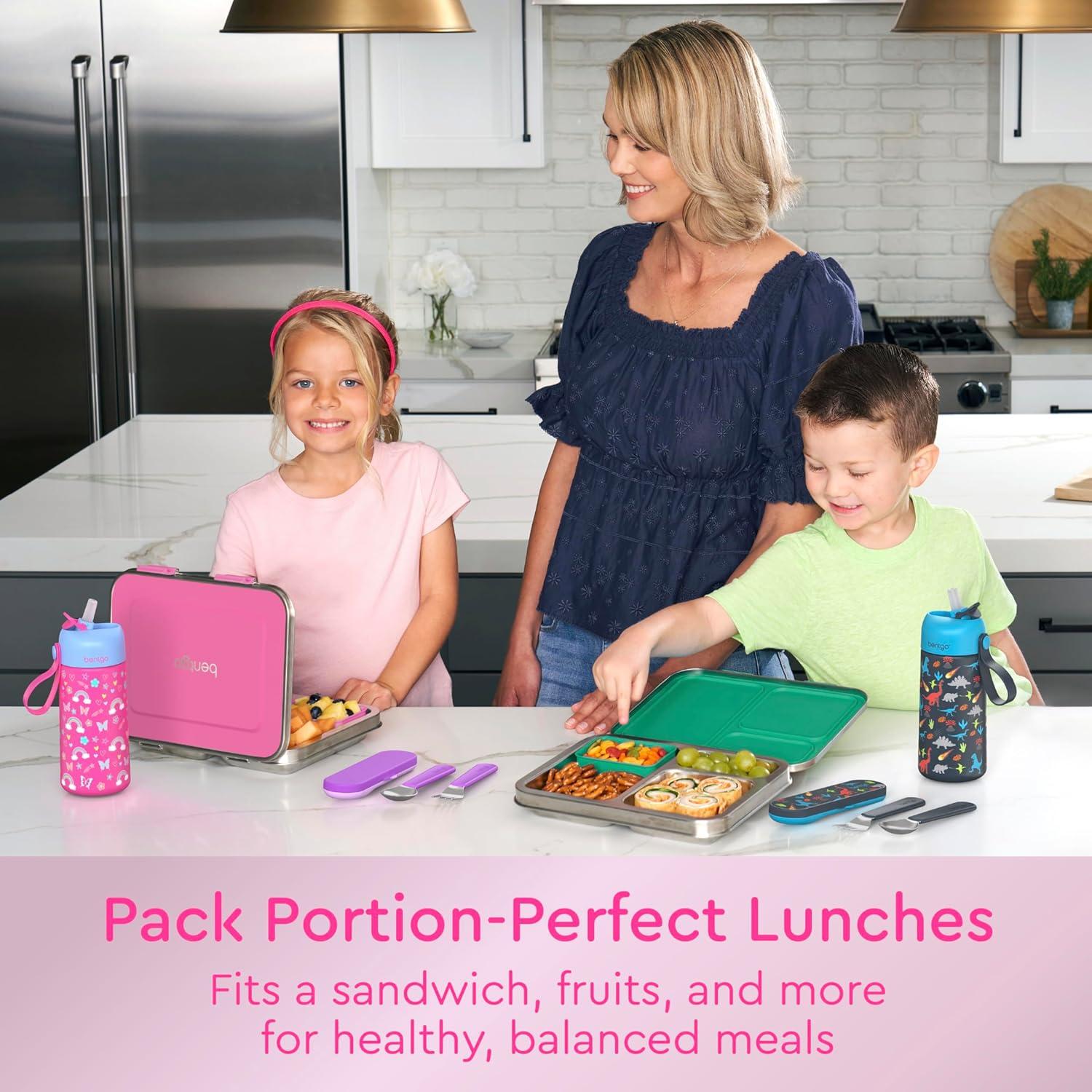 imageBentgo Kids Stainless Steel LeakResistant Lunch Box  3Compartments with Bonus Silicone Container Durable EcoFriendly Dishwasher Safe BPAFree Ideal for School Ages 3 FuchsiaFuchsia