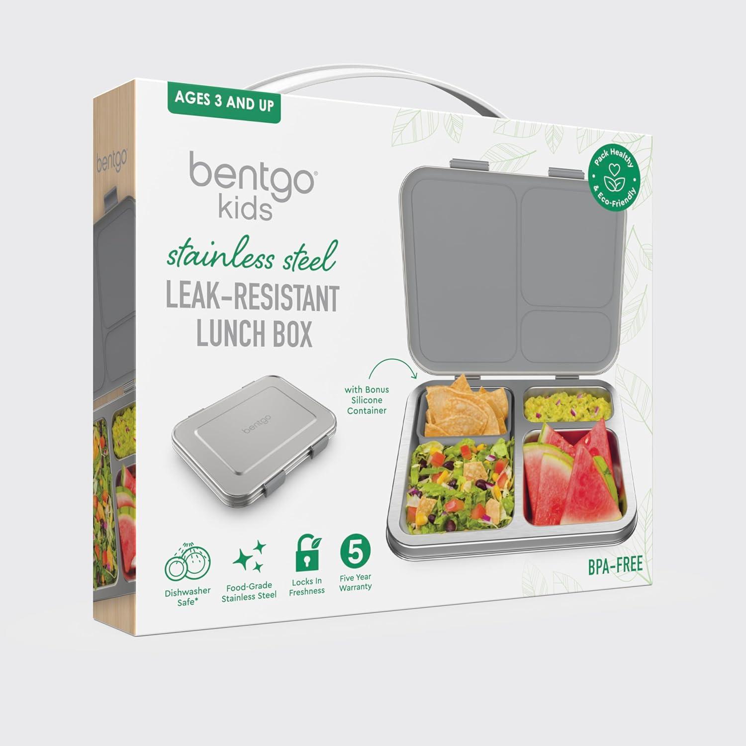 imageBentgo Kids Stainless Steel LeakResistant Lunch Box  3Compartments with Bonus Silicone Container Durable EcoFriendly Dishwasher Safe BPAFree Ideal for School Ages 3 FuchsiaSilver
