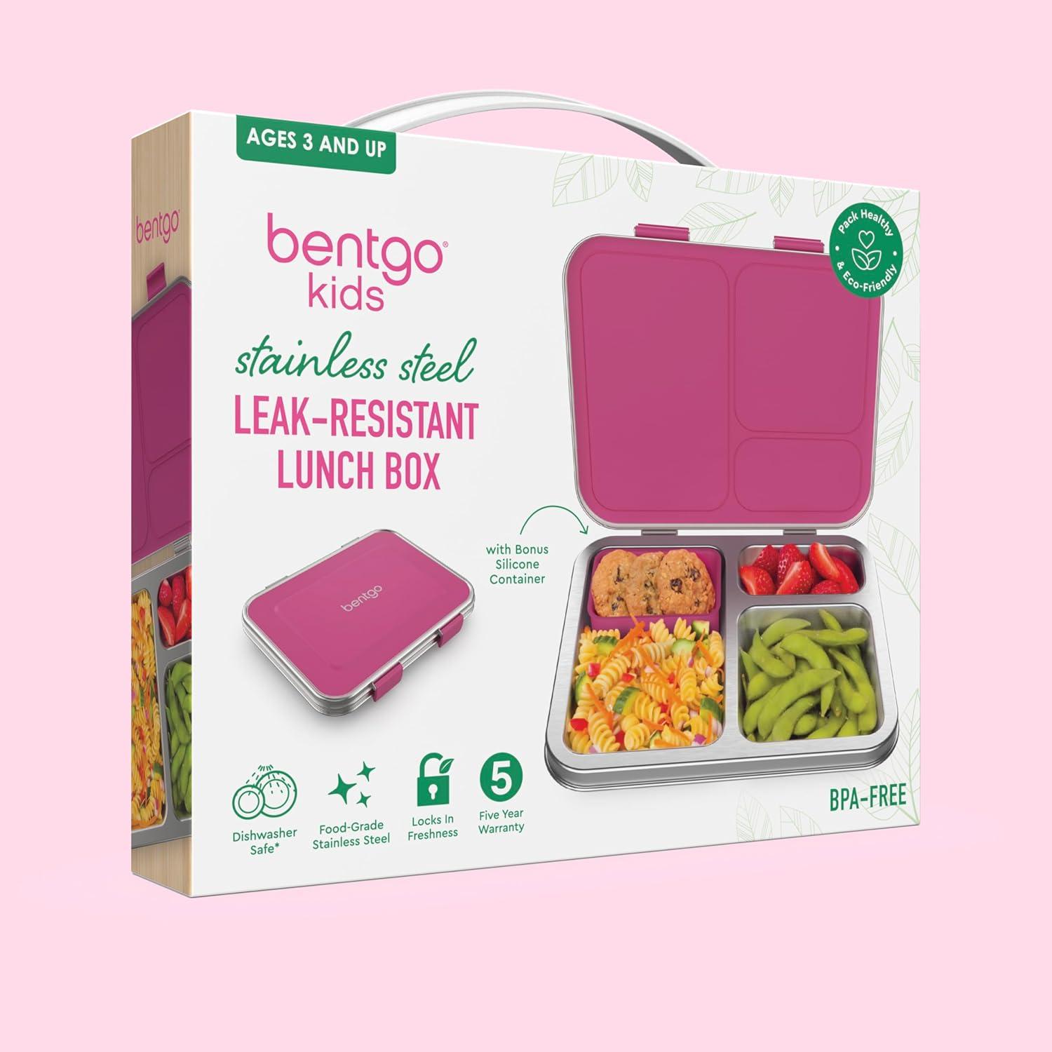 imageBentgo Kids Stainless Steel LeakResistant Lunch Box  3Compartments with Bonus Silicone Container Durable EcoFriendly Dishwasher Safe BPAFree Ideal for School Ages 3 FuchsiaFuchsia