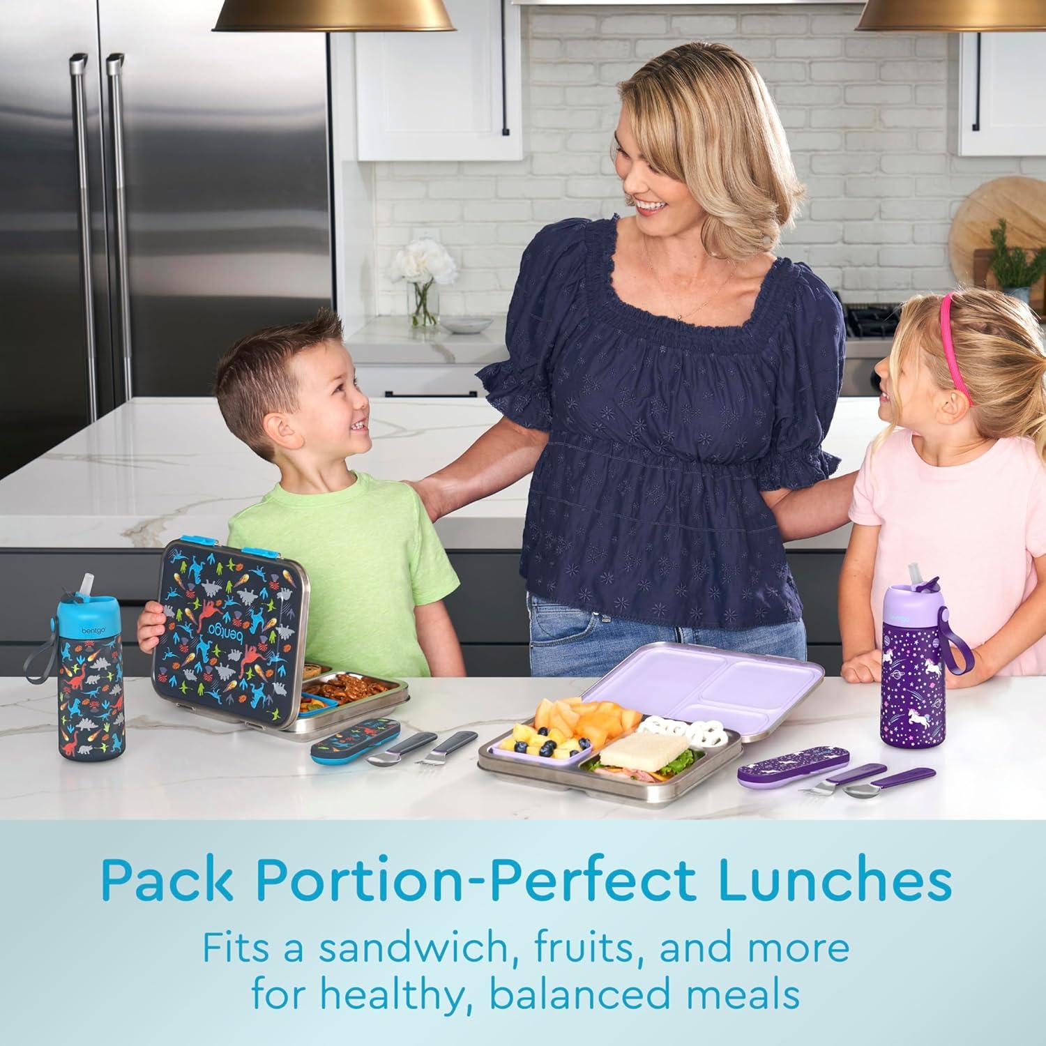 imageBentgo Kids Stainless Steel Prints LeakResistant Lunch Box  3Compartments with Bonus Silicone Container Durable EcoFriendly Dishwasher Safe BPAFree Ideal for School Ages 3 UnicornDinosaur