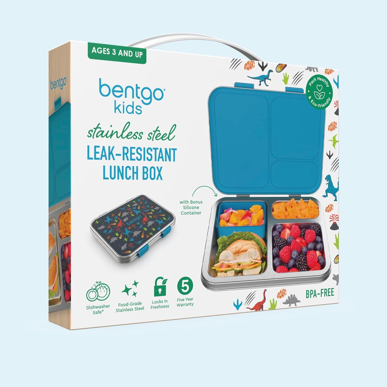 imageBentgo Kids Stainless Steel Prints LeakResistant Lunch Box  3Compartments with Bonus Silicone Container Durable EcoFriendly Dishwasher Safe BPAFree Ideal for School Ages 3 UnicornDinosaur