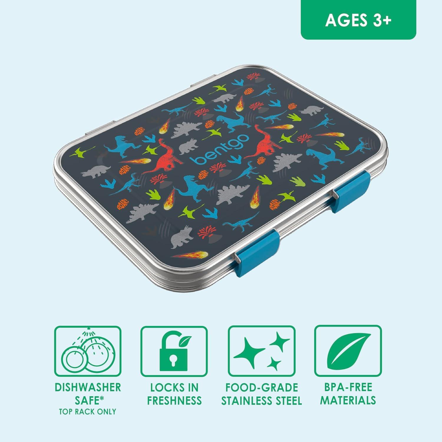 imageBentgo Kids Stainless Steel Prints LeakResistant Lunch Box  3Compartments with Bonus Silicone Container Durable EcoFriendly Dishwasher Safe BPAFree Ideal for School Ages 3 UnicornDinosaur