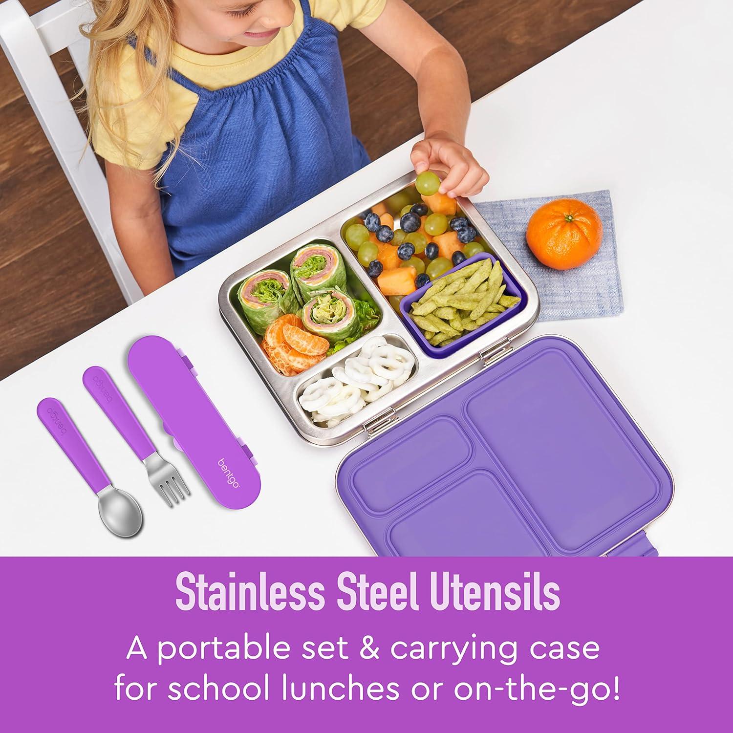 imageBentgo Kids Stainless Steel Utensil Set  Reusable Fork Spoon ampamp Storage Case  HighGrade BPAFree Stainless Steel EasyGrip Handles Dishwasher Safe for School Lunch Travel ampamp Outdoors DinosaurPurple
