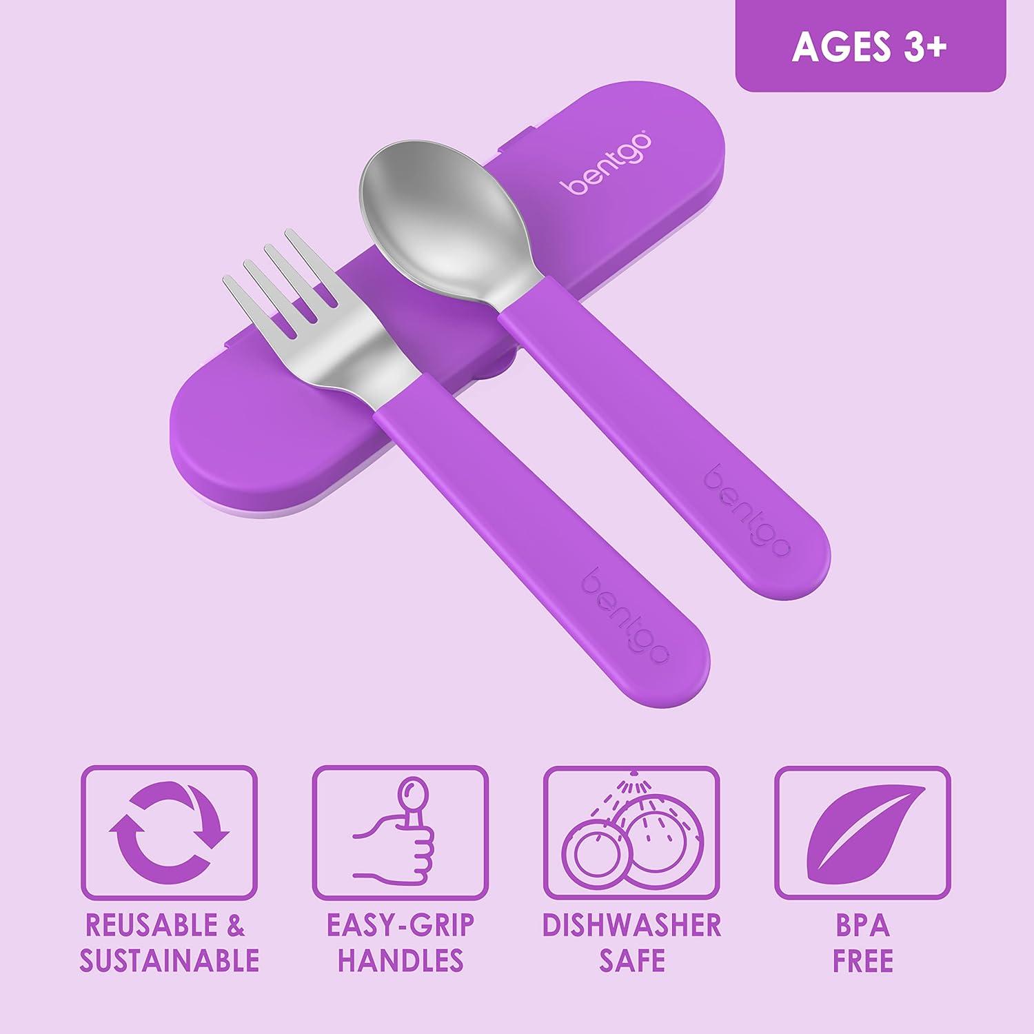 imageBentgo Kids Stainless Steel Utensil Set  Reusable Fork Spoon ampamp Storage Case  HighGrade BPAFree Stainless Steel EasyGrip Handles Dishwasher Safe for School Lunch Travel ampamp Outdoors DinosaurPurple