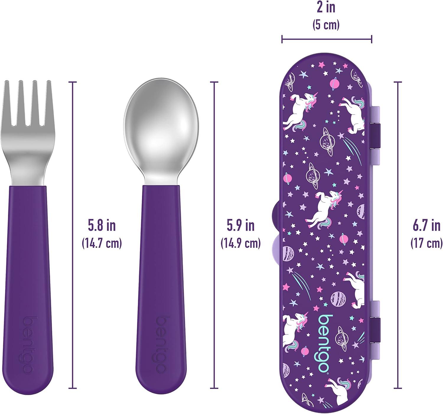 imageBentgo Kids Stainless Steel Utensil Set  Reusable Fork Spoon ampamp Storage Case  HighGrade BPAFree Stainless Steel EasyGrip Handles Dishwasher Safe for School Lunch Travel ampamp Outdoors DinosaurUnicorn