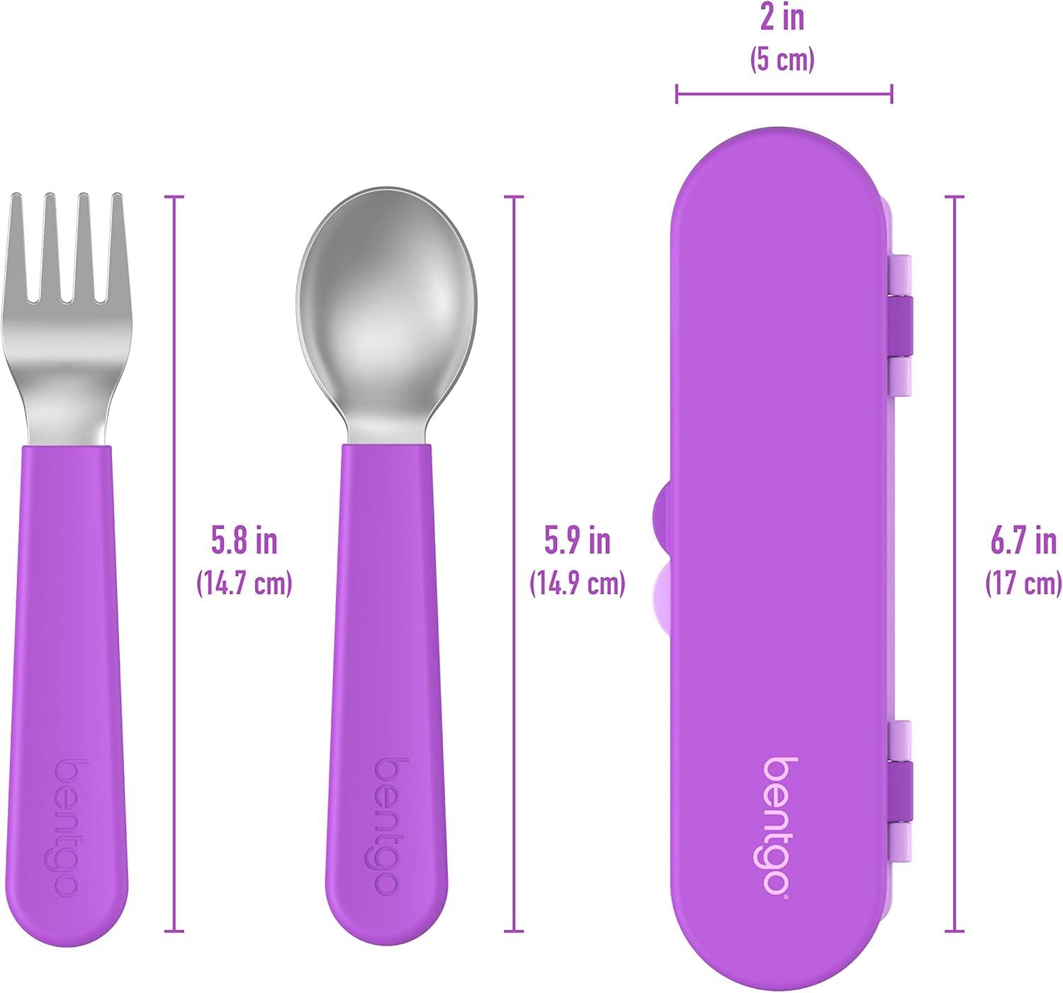imageBentgo Kids Stainless Steel Utensil Set  Reusable Fork Spoon ampamp Storage Case  HighGrade BPAFree Stainless Steel EasyGrip Handles Dishwasher Safe for School Lunch Travel ampamp Outdoors DinosaurPurple
