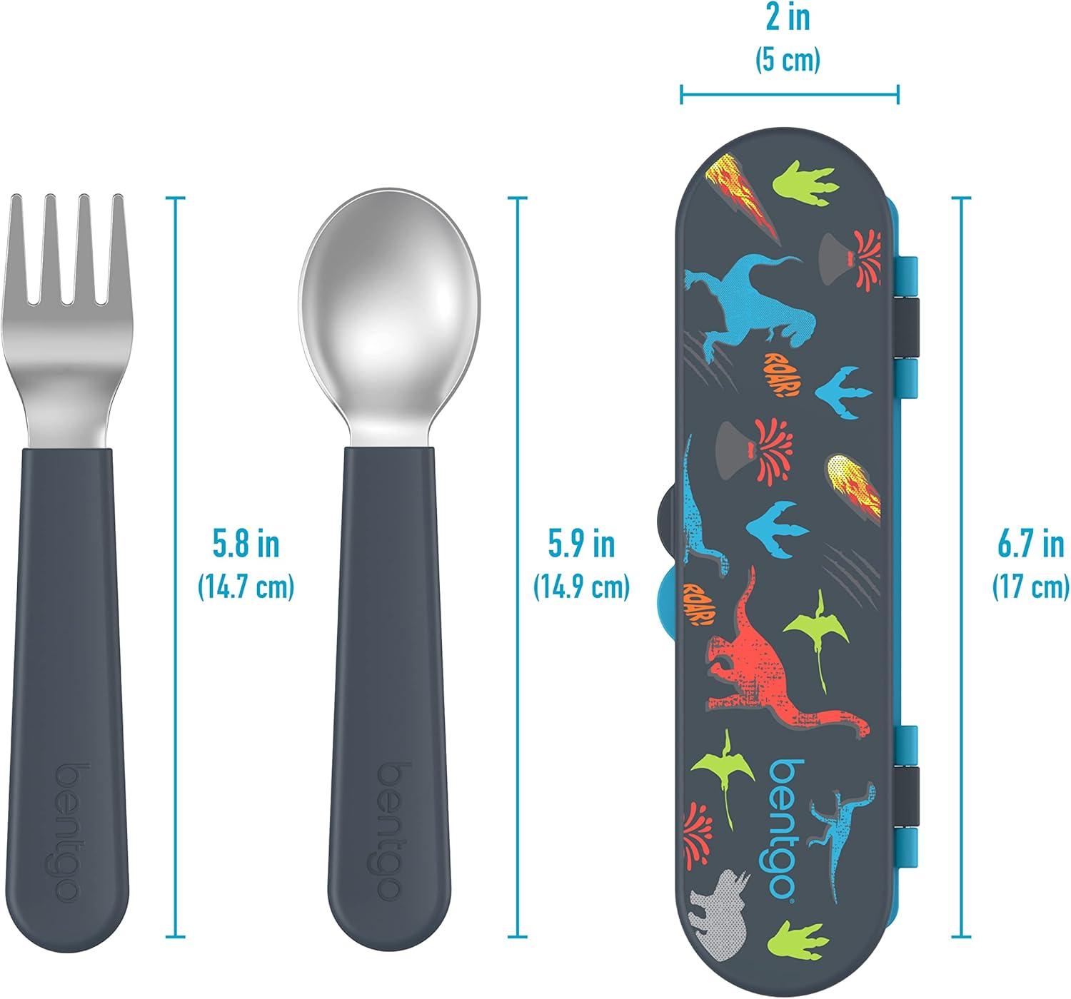 imageBentgo Kids Stainless Steel Utensil Set  Reusable Fork Spoon ampamp Storage Case  HighGrade BPAFree Stainless Steel EasyGrip Handles Dishwasher Safe for School Lunch Travel ampamp Outdoors DinosaurDino