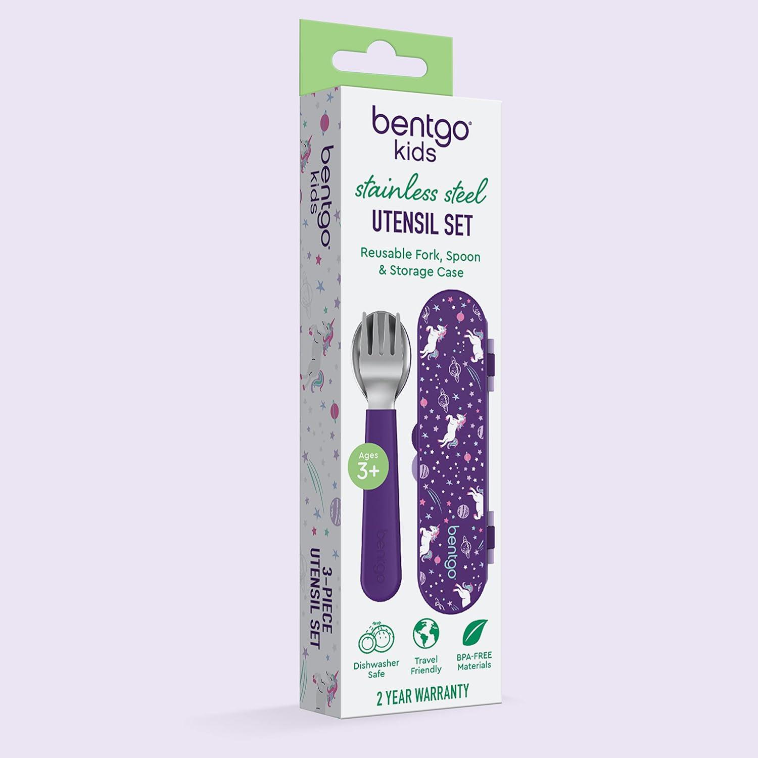 imageBentgo Kids Stainless Steel Utensil Set  Reusable Fork Spoon ampamp Storage Case  HighGrade BPAFree Stainless Steel EasyGrip Handles Dishwasher Safe for School Lunch Travel ampamp Outdoors DinosaurUnicorn