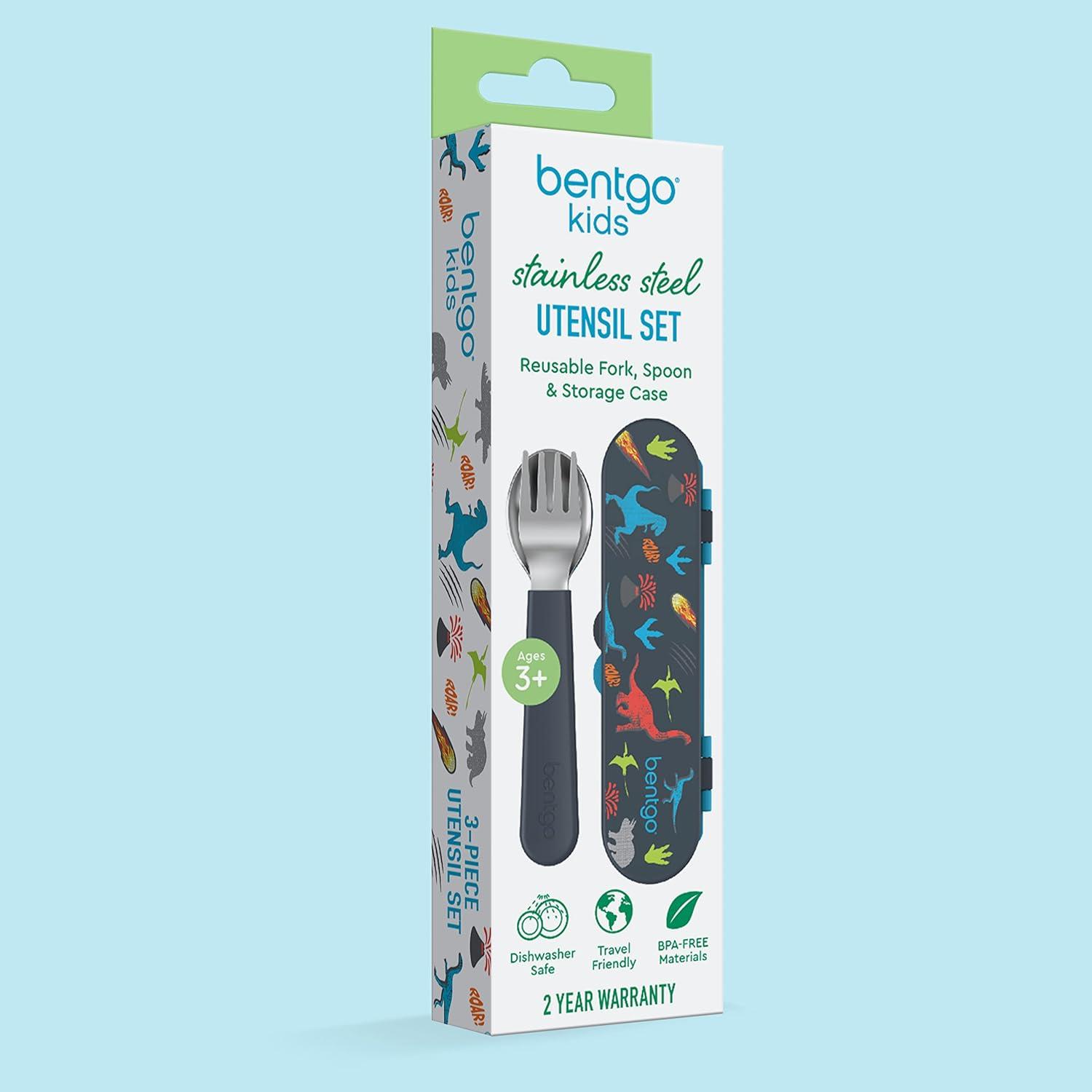 imageBentgo Kids Stainless Steel Utensil Set  Reusable Fork Spoon ampamp Storage Case  HighGrade BPAFree Stainless Steel EasyGrip Handles Dishwasher Safe for School Lunch Travel ampamp Outdoors DinosaurDino