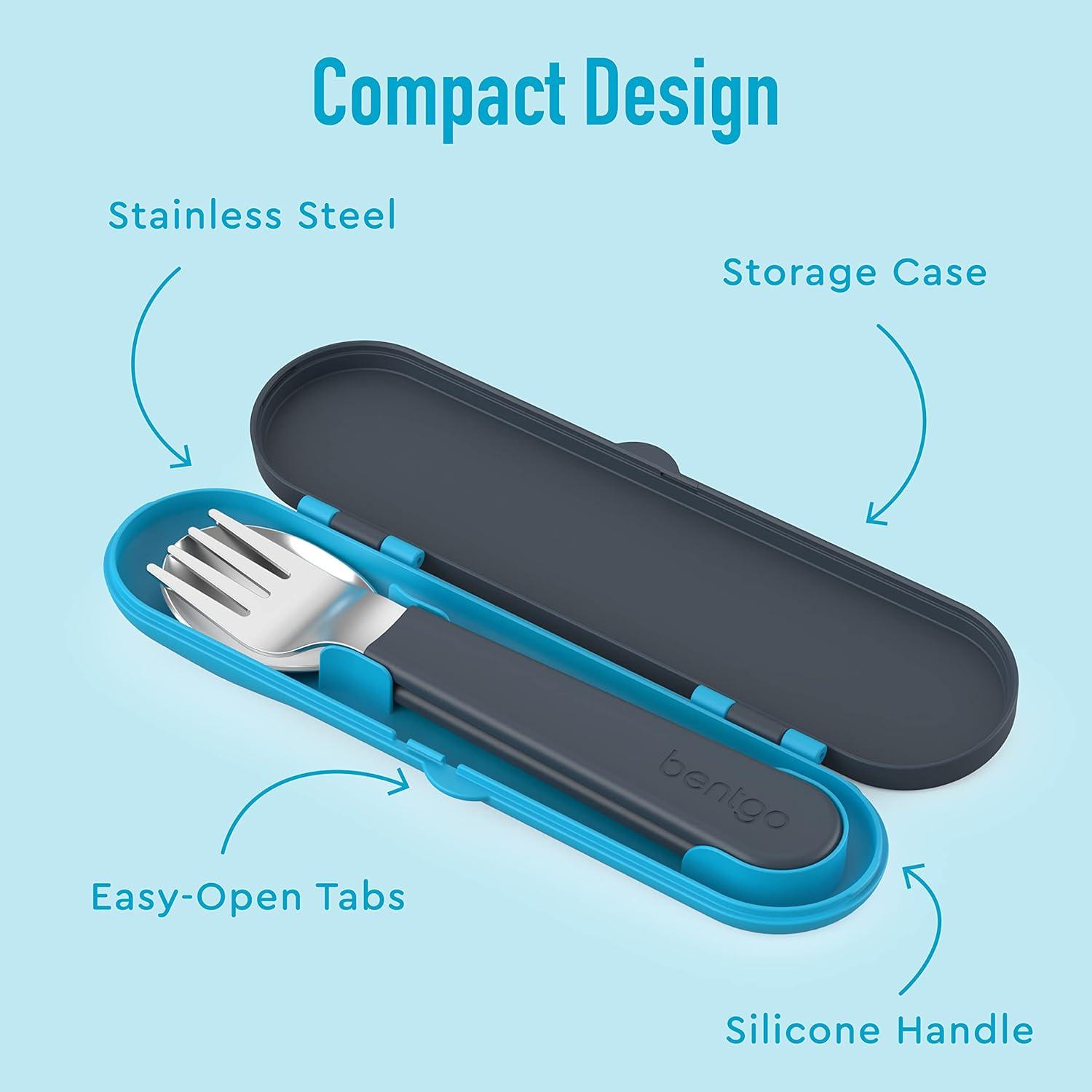imageBentgo Kids Stainless Steel Utensil Set  Reusable Fork Spoon ampamp Storage Case  HighGrade BPAFree Stainless Steel EasyGrip Handles Dishwasher Safe for School Lunch Travel ampamp Outdoors DinosaurDino
