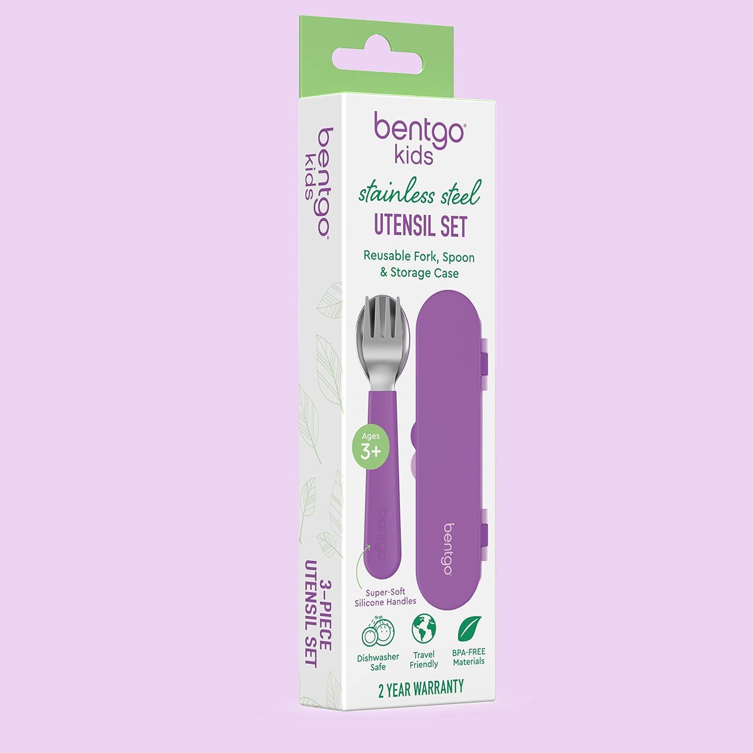 imageBentgo Kids Stainless Steel Utensil Set  Reusable Fork Spoon ampamp Storage Case  HighGrade BPAFree Stainless Steel EasyGrip Handles Dishwasher Safe for School Lunch Travel ampamp Outdoors DinosaurPurple