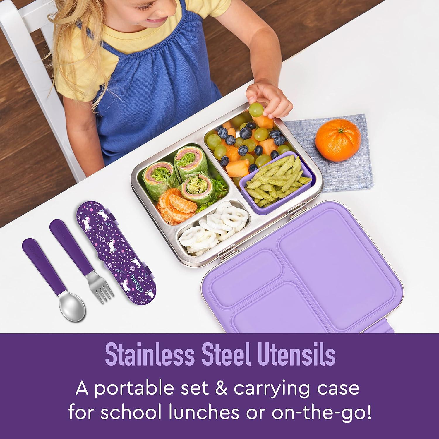 imageBentgo Kids Stainless Steel Utensil Set  Reusable Fork Spoon ampamp Storage Case  HighGrade BPAFree Stainless Steel EasyGrip Handles Dishwasher Safe for School Lunch Travel ampamp Outdoors DinosaurUnicorn
