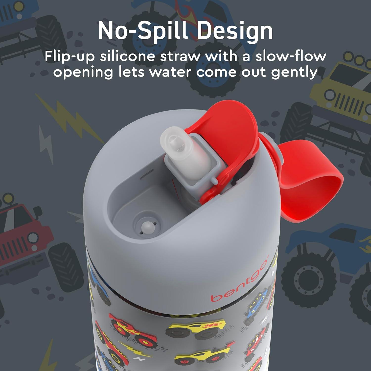 imageBentgo Kids Water Bottle  LeakProof Durable Tritan BPAFree 15 oz Cup for KidsToddlers Ages 3 Safe Sip Spout Carrying Handle ampamp Dishwasher Safe for School Sports Daycare ampamp Camp PurpleTrucks