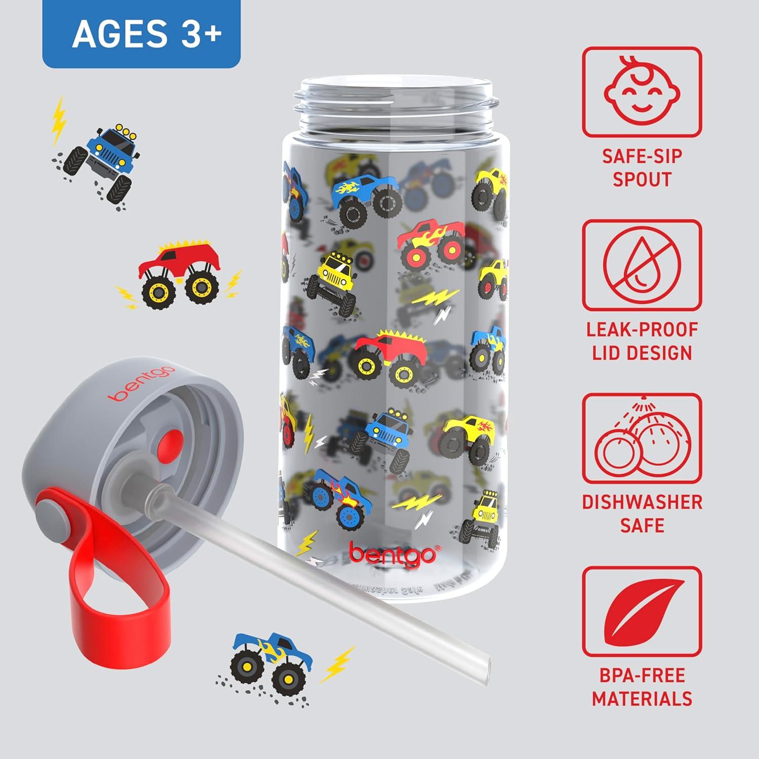 imageBentgo Kids Water Bottle  LeakProof Durable Tritan BPAFree 15 oz Cup for KidsToddlers Ages 3 Safe Sip Spout Carrying Handle ampamp Dishwasher Safe for School Sports Daycare ampamp Camp PurpleTrucks