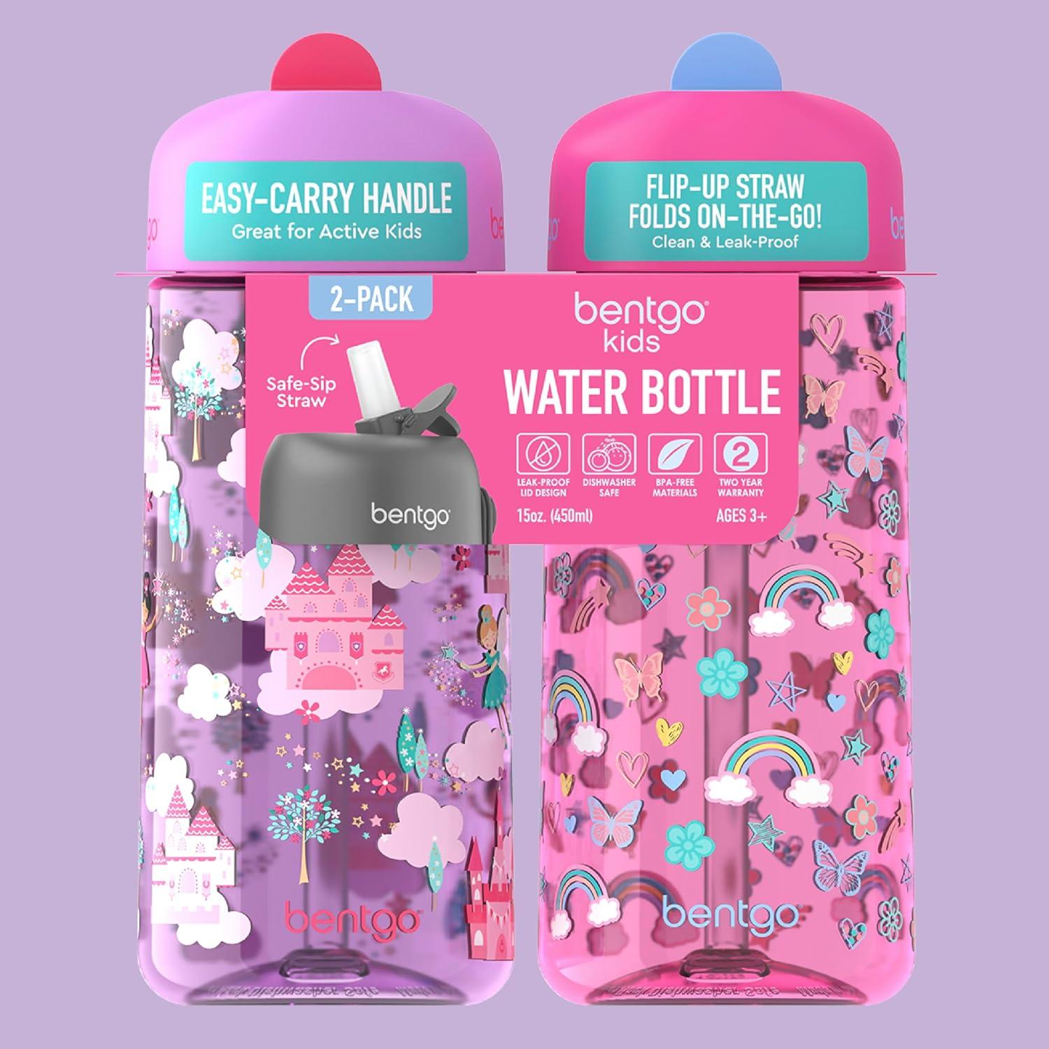 imageBentgo Kids Water Bottle 2Pack  LeakProof Durable Tritan BPAFree 15 oz Cup for KidsToddlers 3 FlipUp Straw Dishwasher Safe for SchoolSportsDaycareCamp Rainbows ampamp ButterfliesFairiesRainbows and Butterflies  Fairies
