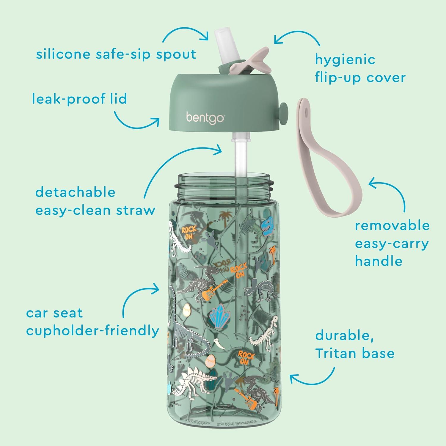 imageBentgo Kids Water Bottle 2Pack  LeakProof Durable Tritan BPAFree 15 oz Cup for KidsToddlers 3 FlipUp Straw Dishwasher Safe for SchoolSportsDaycareCamp Rainbows ampamp ButterfliesFairiesDinosaur  Dino Fossils
