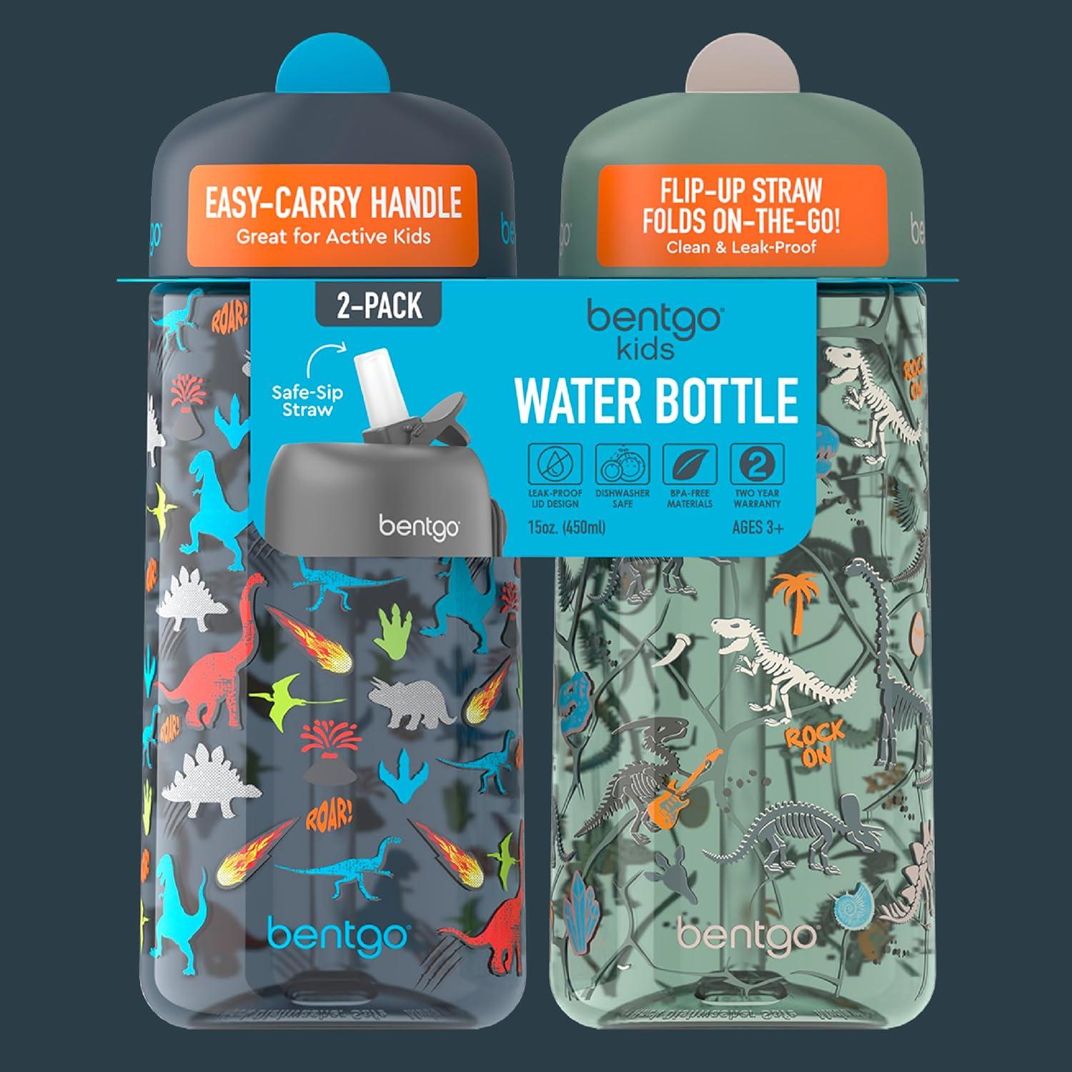 imageBentgo Kids Water Bottle 2Pack  LeakProof Durable Tritan BPAFree 15 oz Cup for KidsToddlers 3 FlipUp Straw Dishwasher Safe for SchoolSportsDaycareCamp Rainbows ampamp ButterfliesFairiesDinosaur  Dino Fossils