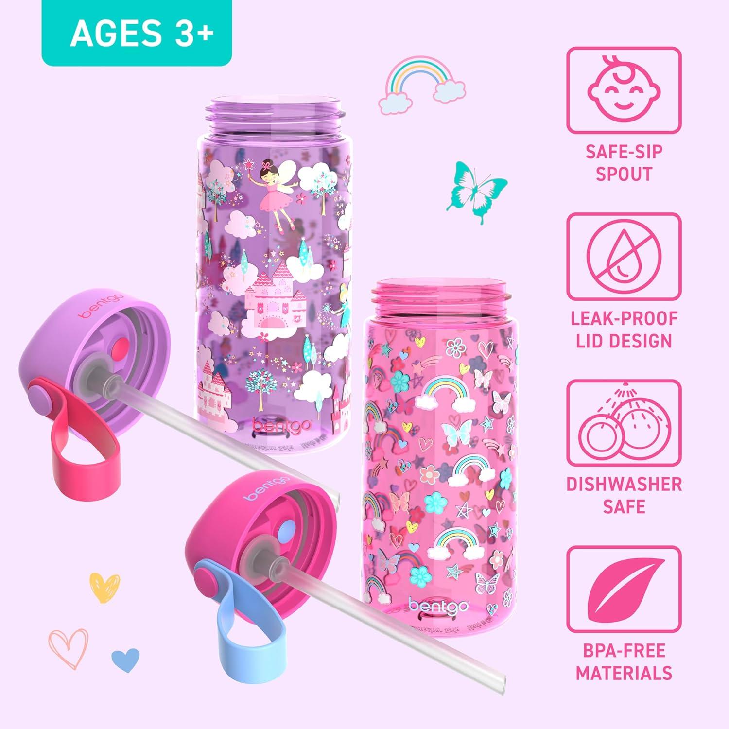 imageBentgo Kids Water Bottle 2Pack  LeakProof Durable Tritan BPAFree 15 oz Cup for KidsToddlers 3 FlipUp Straw Dishwasher Safe for SchoolSportsDaycareCamp Rainbows ampamp ButterfliesFairiesRainbows and Butterflies  Fairies