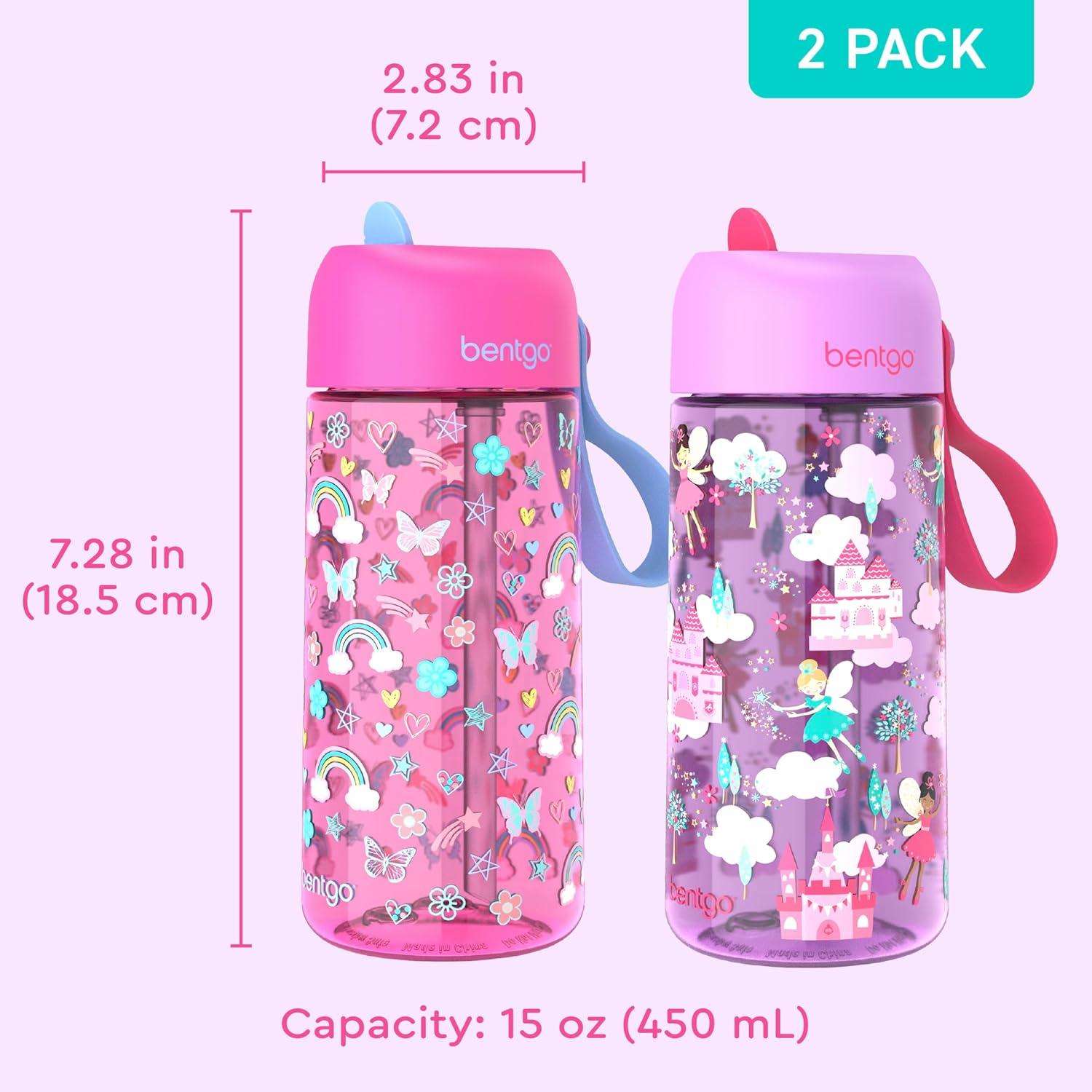 imageBentgo Kids Water Bottle 2Pack  LeakProof Durable Tritan BPAFree 15 oz Cup for KidsToddlers 3 FlipUp Straw Dishwasher Safe for SchoolSportsDaycareCamp Rainbows ampamp ButterfliesFairiesRainbows and Butterflies  Fairies